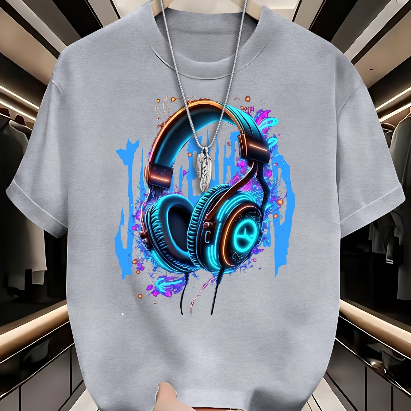 Youth Summer T-Shirt, 95% Polyester 5% Elastane, Casual Crew Neck Top with Geometric Headphones Print, Slight Stretch Knit Fabric, 200gsm, Regular Fit for Teen Boys