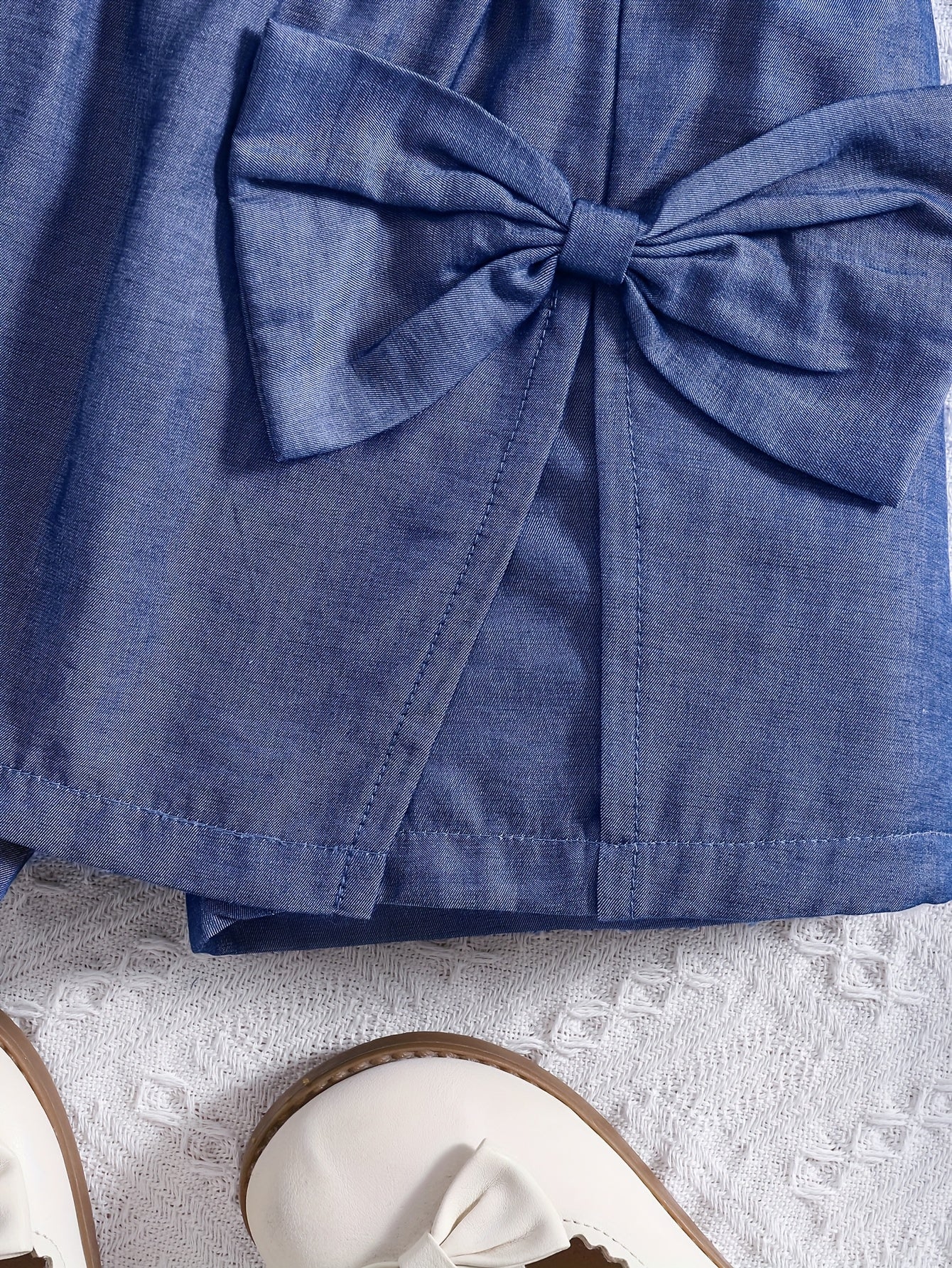 Girls' Elegant Faux Denim Shorts with Front Bow Detail - Stylish Rayon Blend, Comfortable Summer Casual Wear for Youngsters, Perfect for Parties and Outdoor Activities, Party Wear Shorts | Playful Accessory | Nontransparent M