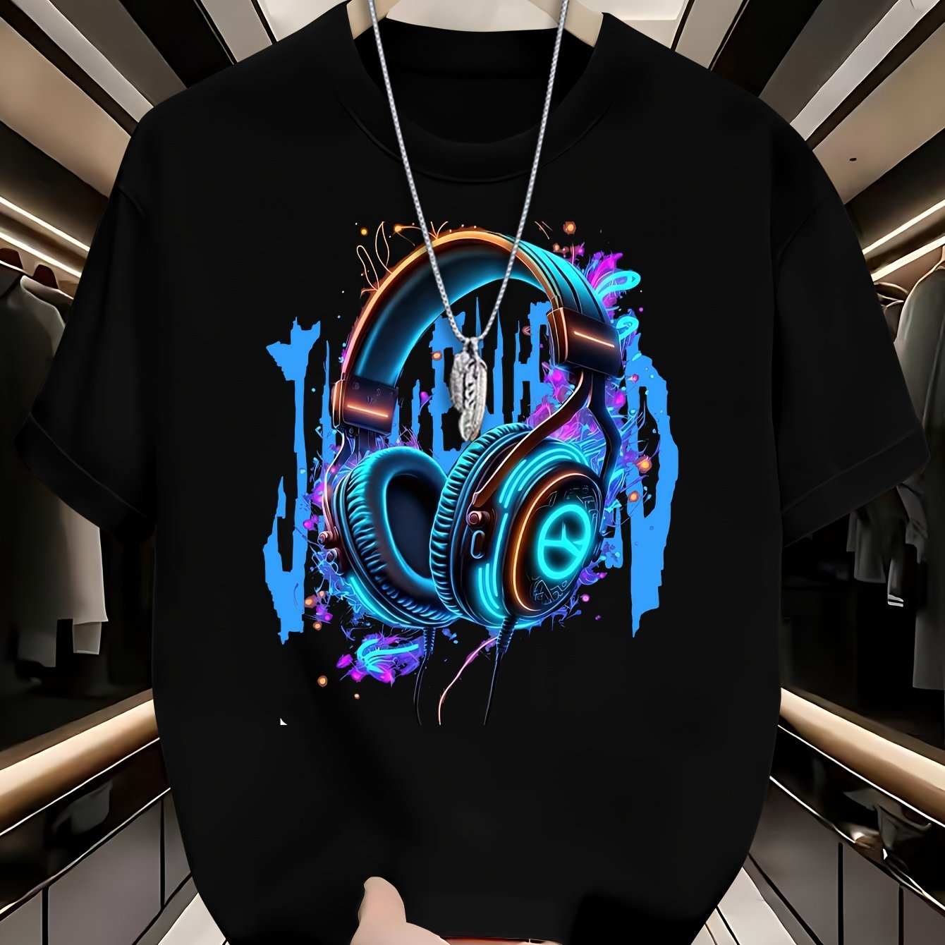 Youth Summer T-Shirt, 95% Polyester 5% Elastane, Casual Crew Neck Top with Geometric Headphones Print, Slight Stretch Knit Fabric, 200gsm, Regular Fit for Teen Boys