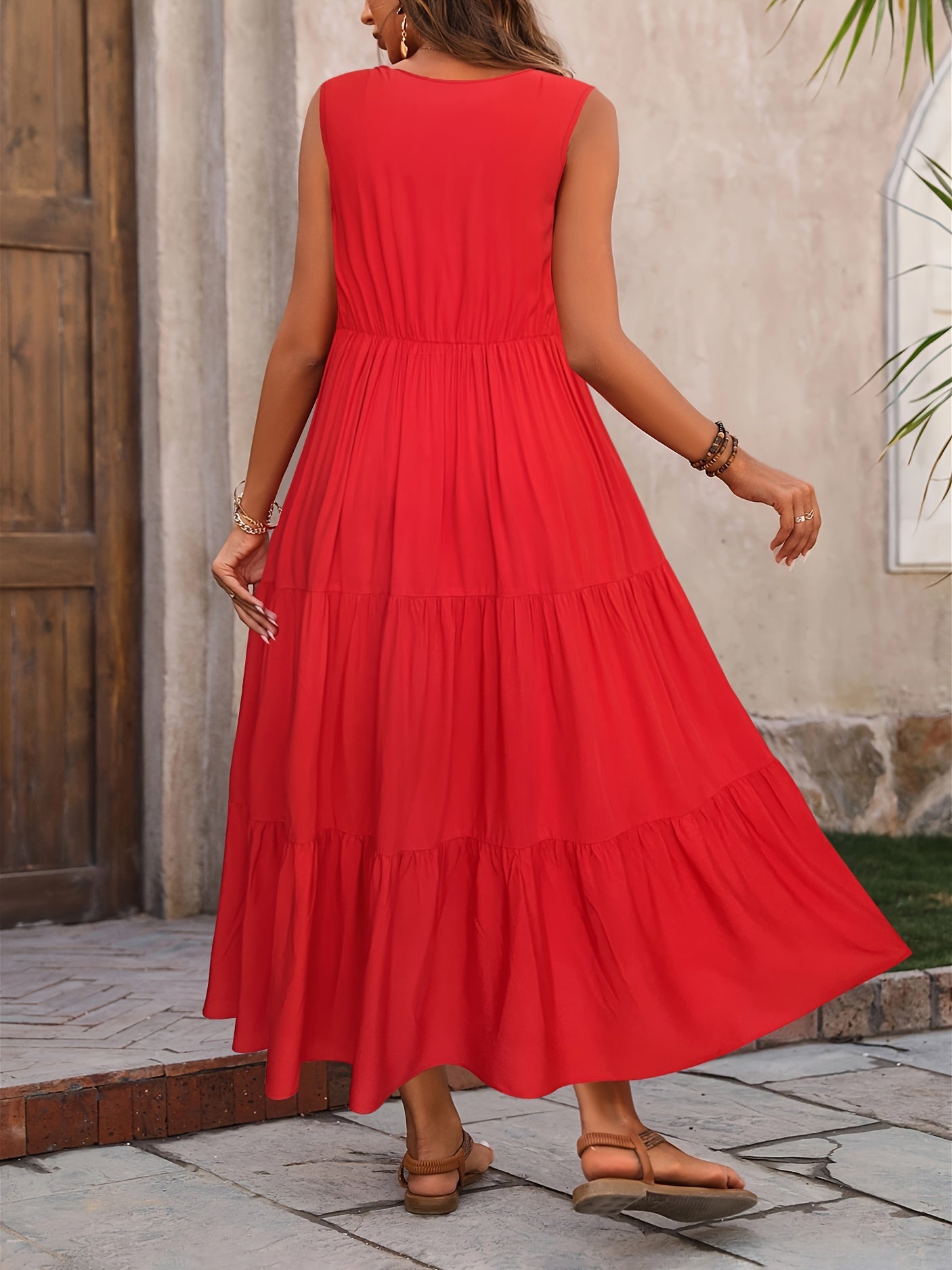 V Neck Tiered Tank Dress, Casual Sleeveless Loose Tank Dress For Spring & Summer, Women's Clothing