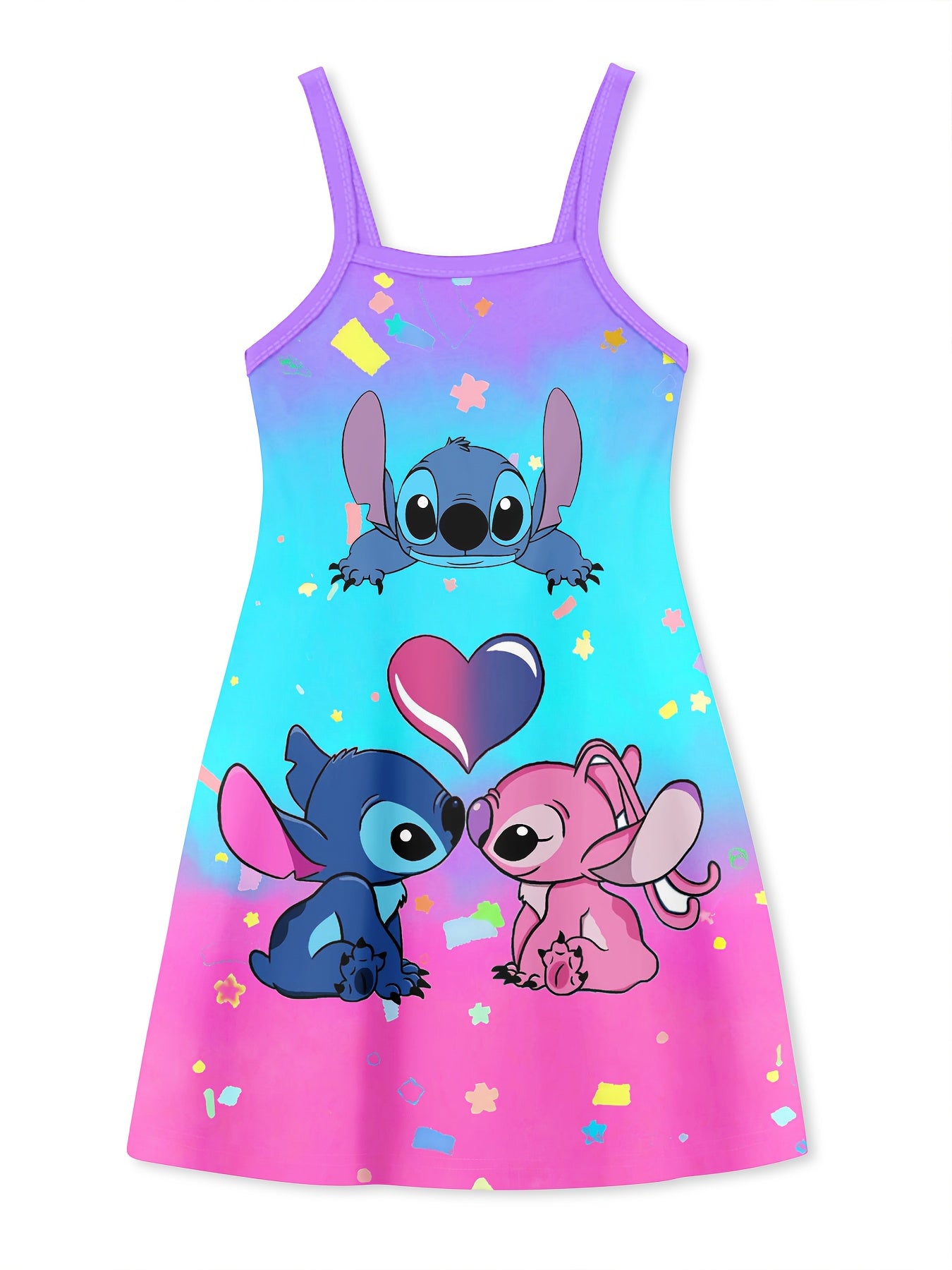 Kids' Stitch & Lilo Rainbow Spaghetti Dress - Lightweight & Breathable with Vibrant 3D Cartoon Print, Soft & Comfortable Sleeveless Design for Spring, Summer, and Fall Outdoor Fun
