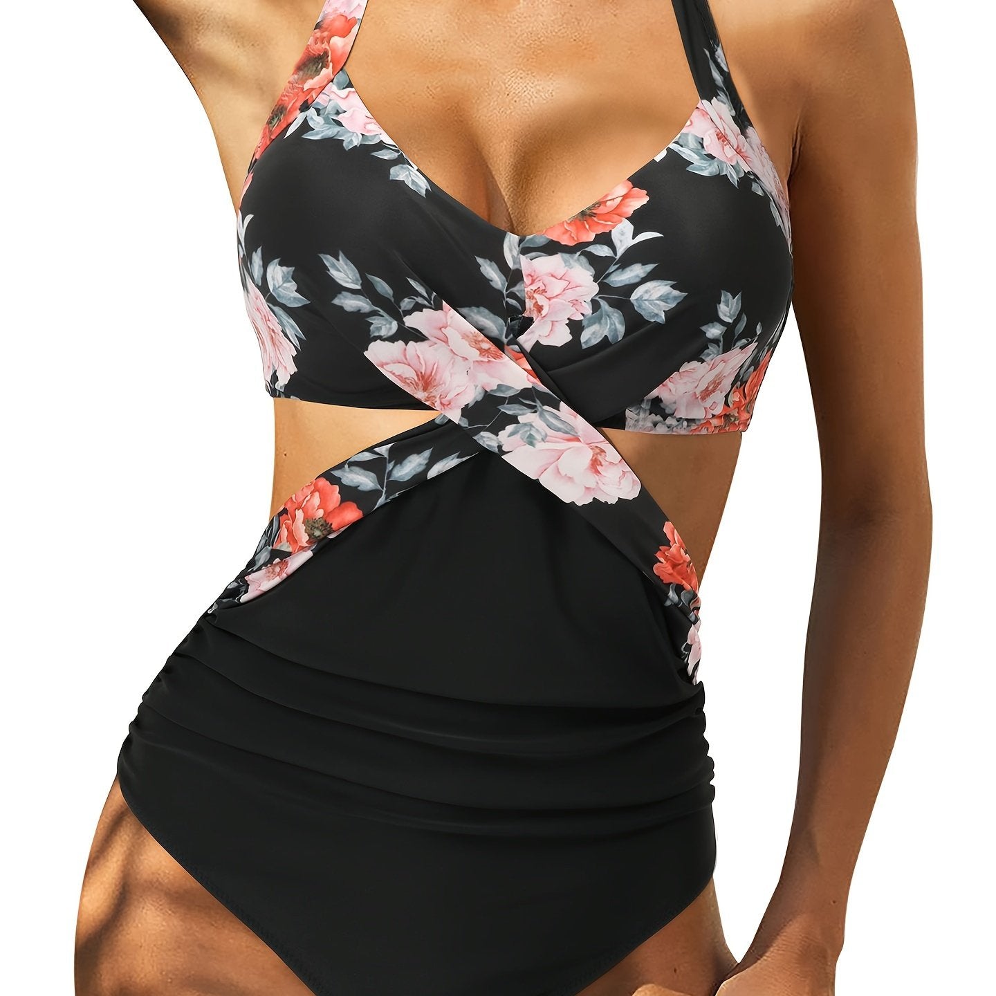 Random Print Criss Cross One Piece Swimsuit, Cut Out Tie Back Color Block High Cut Bathing Suit, Women's Swimwear & Clothing