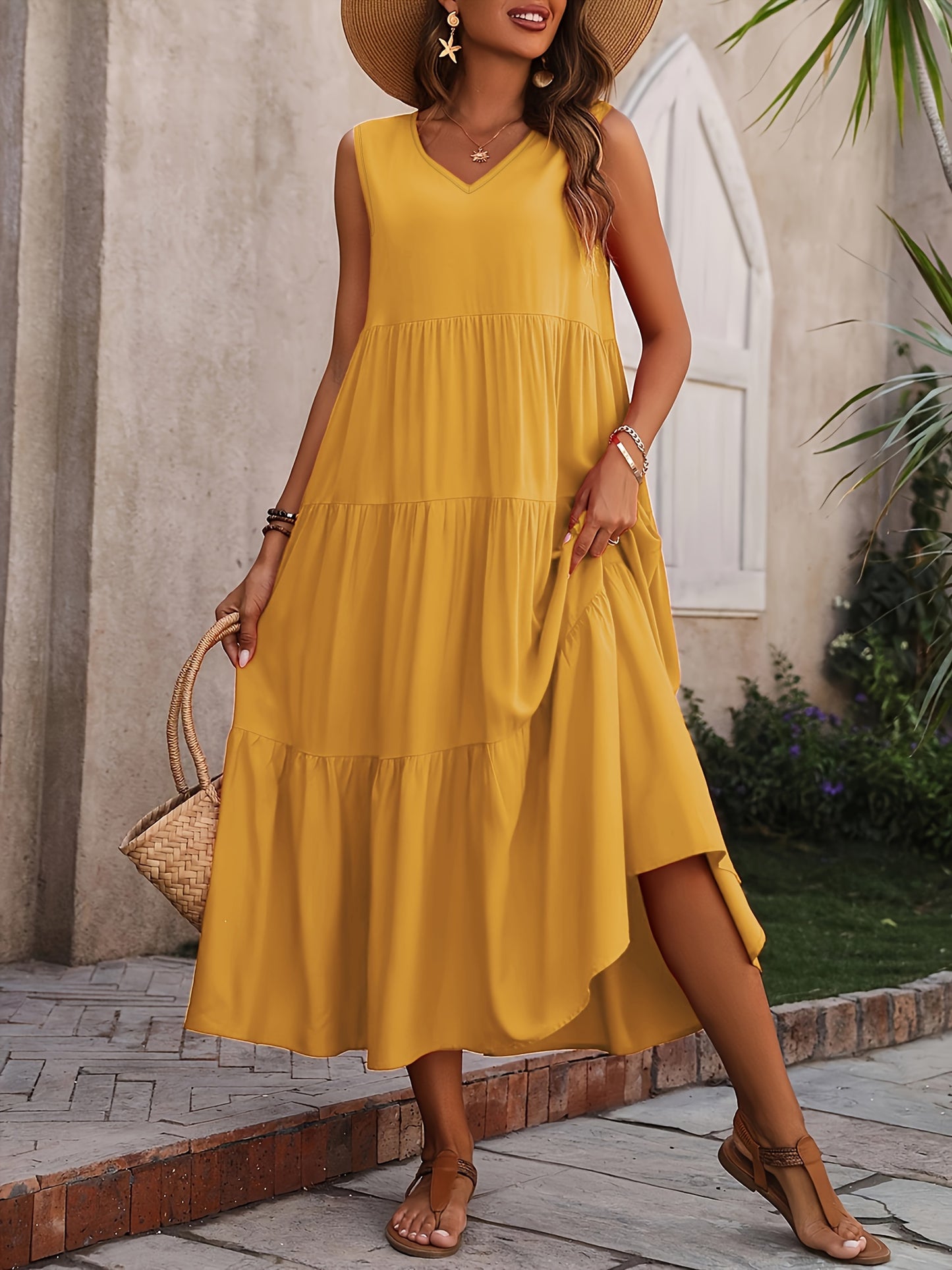 V Neck Tiered Tank Dress, Casual Sleeveless Loose Tank Dress For Spring & Summer, Women's Clothing