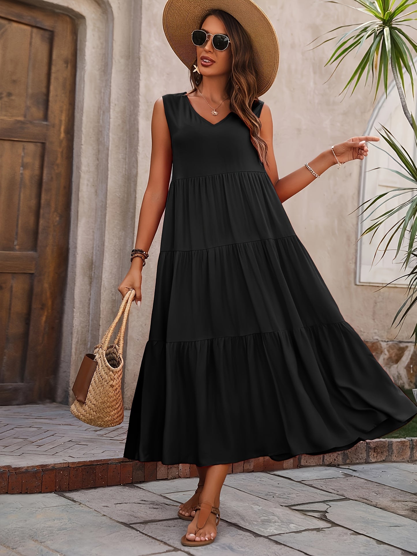 V Neck Tiered Tank Dress, Casual Sleeveless Loose Tank Dress For Spring & Summer, Women's Clothing