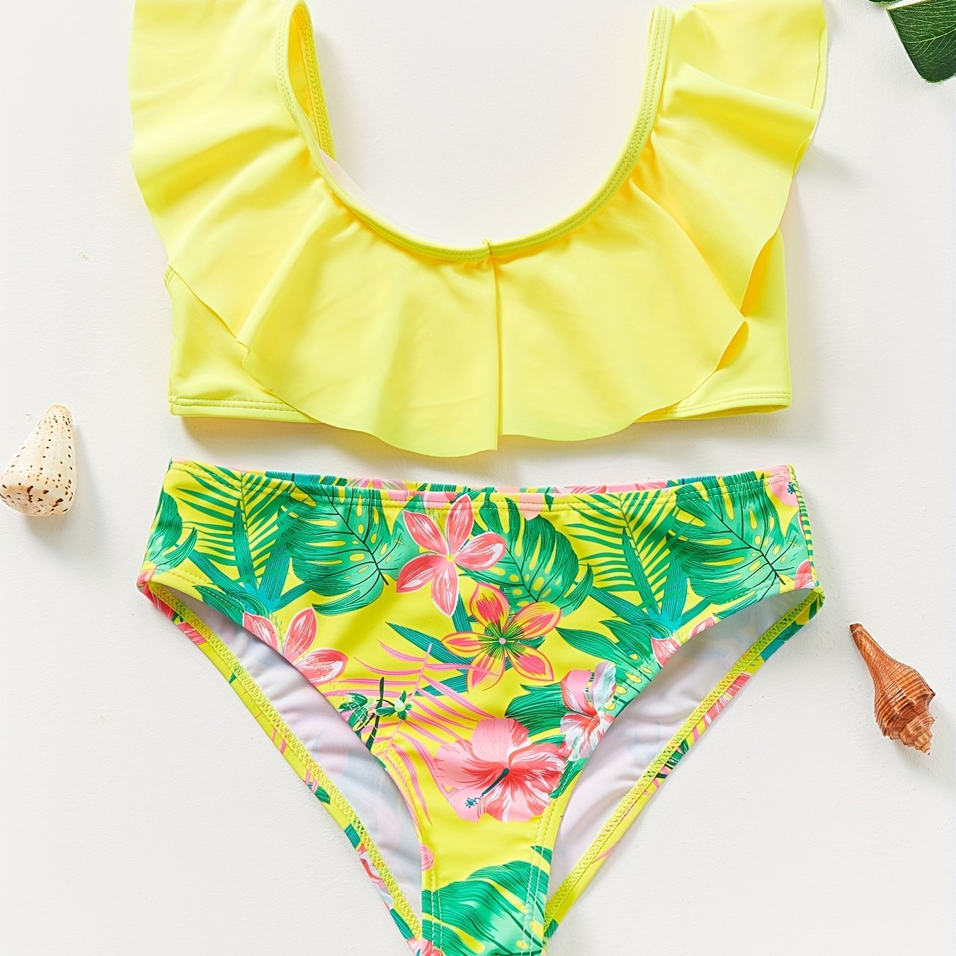 Chic Girls' Tropical Print Bikini Set with Ruffle Trim - Stretchy, Machine Washable Swimwear for Ages 5-14