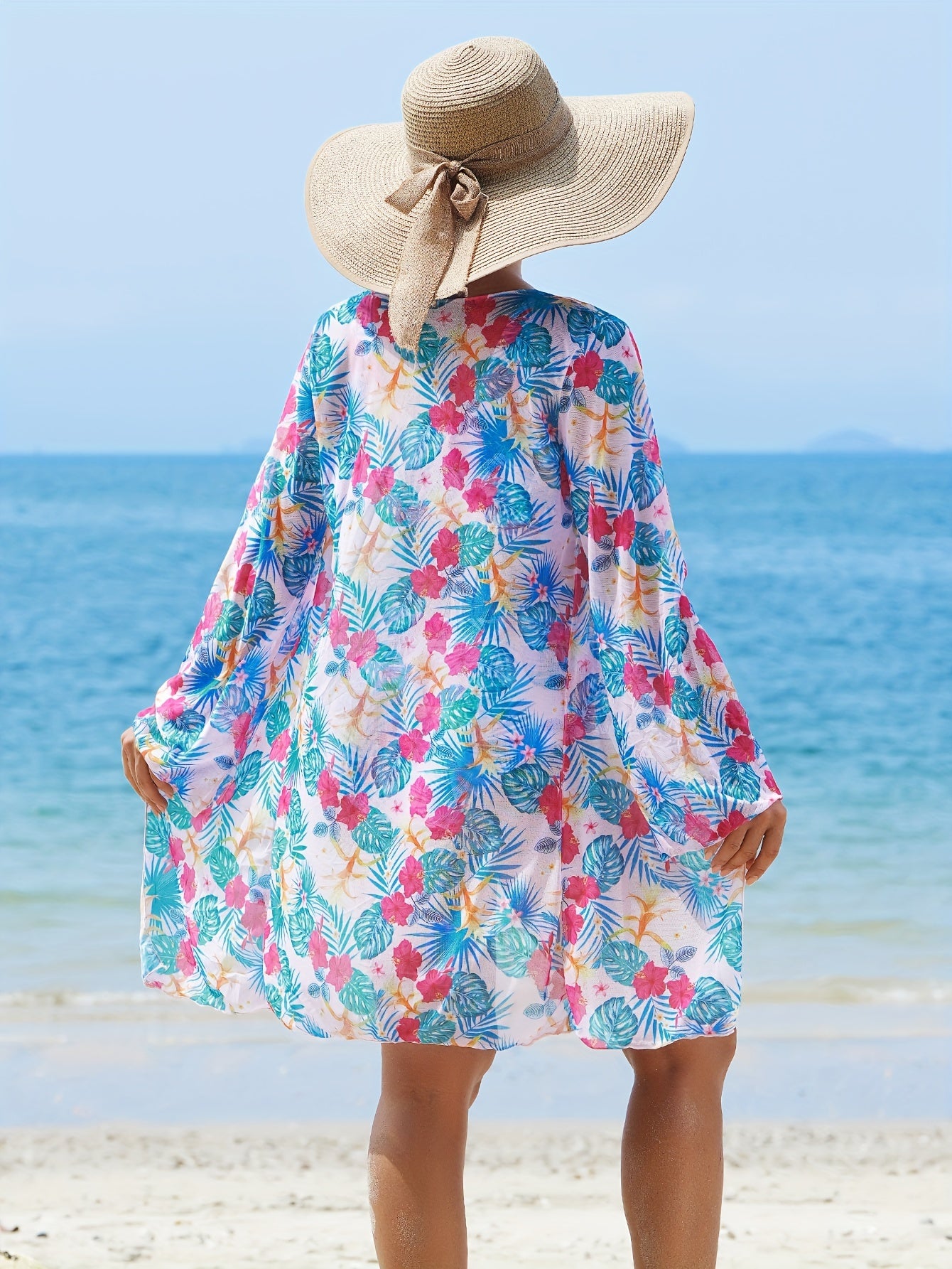 Women's 2025 New Bikini Set, 3-Piece, V-Neck, High Elasticity, Floral Print, Long Sleeves, Sheer Mesh, Knit Fabric, Swimwear, Beachwear