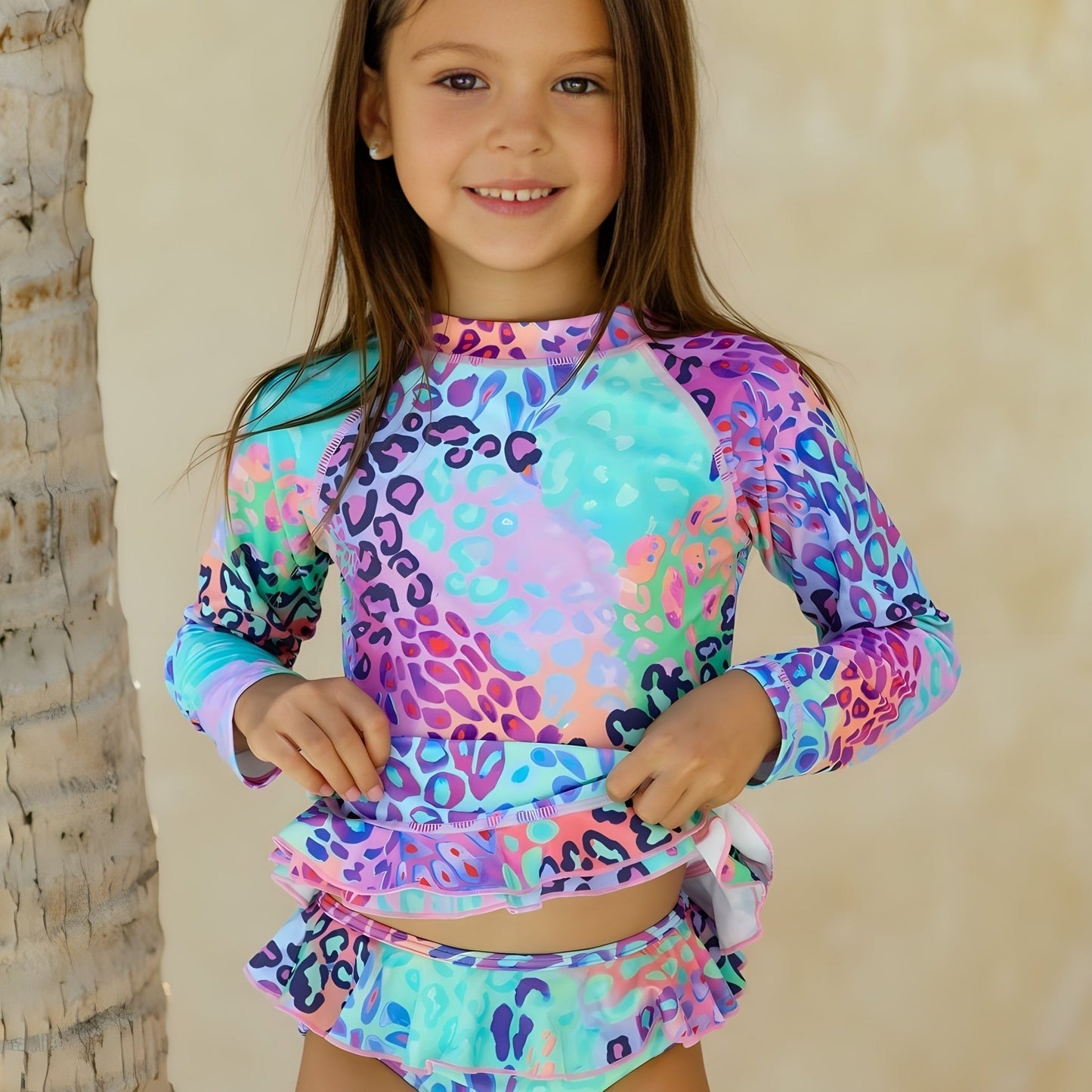 Girls two-piece set of gradient multi-color leopard print swimsuit for girls long sleeve surfing pleated lace hem + girls pleated lace bikini shorts swimsuit
