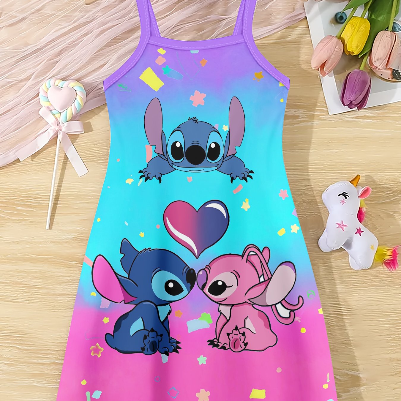 Kids' Stitch & Lilo Rainbow Spaghetti Dress - Lightweight & Breathable with Vibrant 3D Cartoon Print, Soft & Comfortable Sleeveless Design for Spring, Summer, and Fall Outdoor Fun