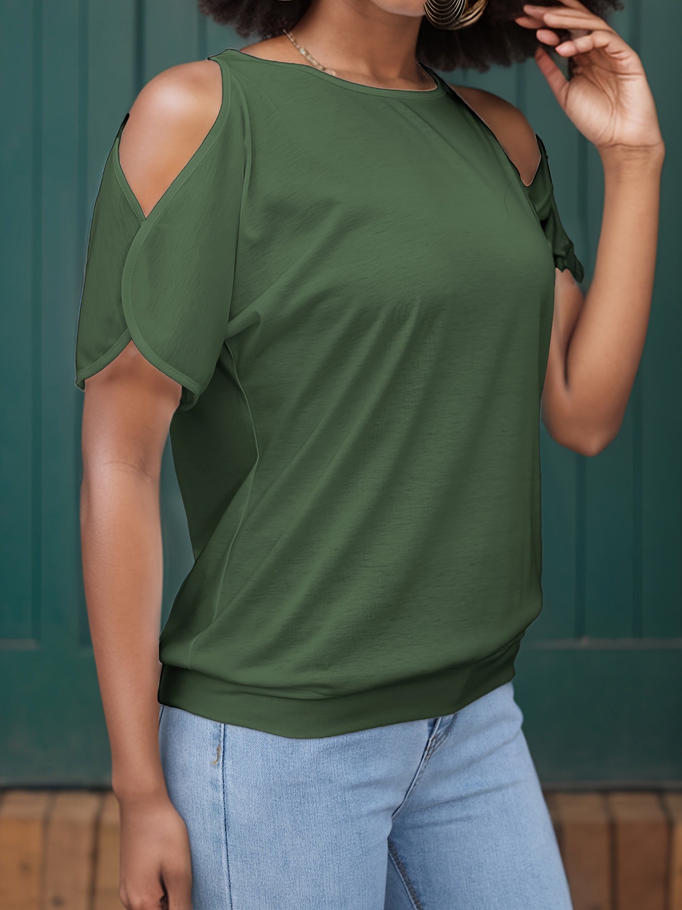 Women's Stylish Off-Shoulder Split Sleeve T-Shirt - Casual Crew Neck, Loose Fit, Solid Color, Polyester Knit Top for Casual Attire, Casual Wear Top | Elegant Style Tee | Soft Fabric Tee, Ladies T Shirts