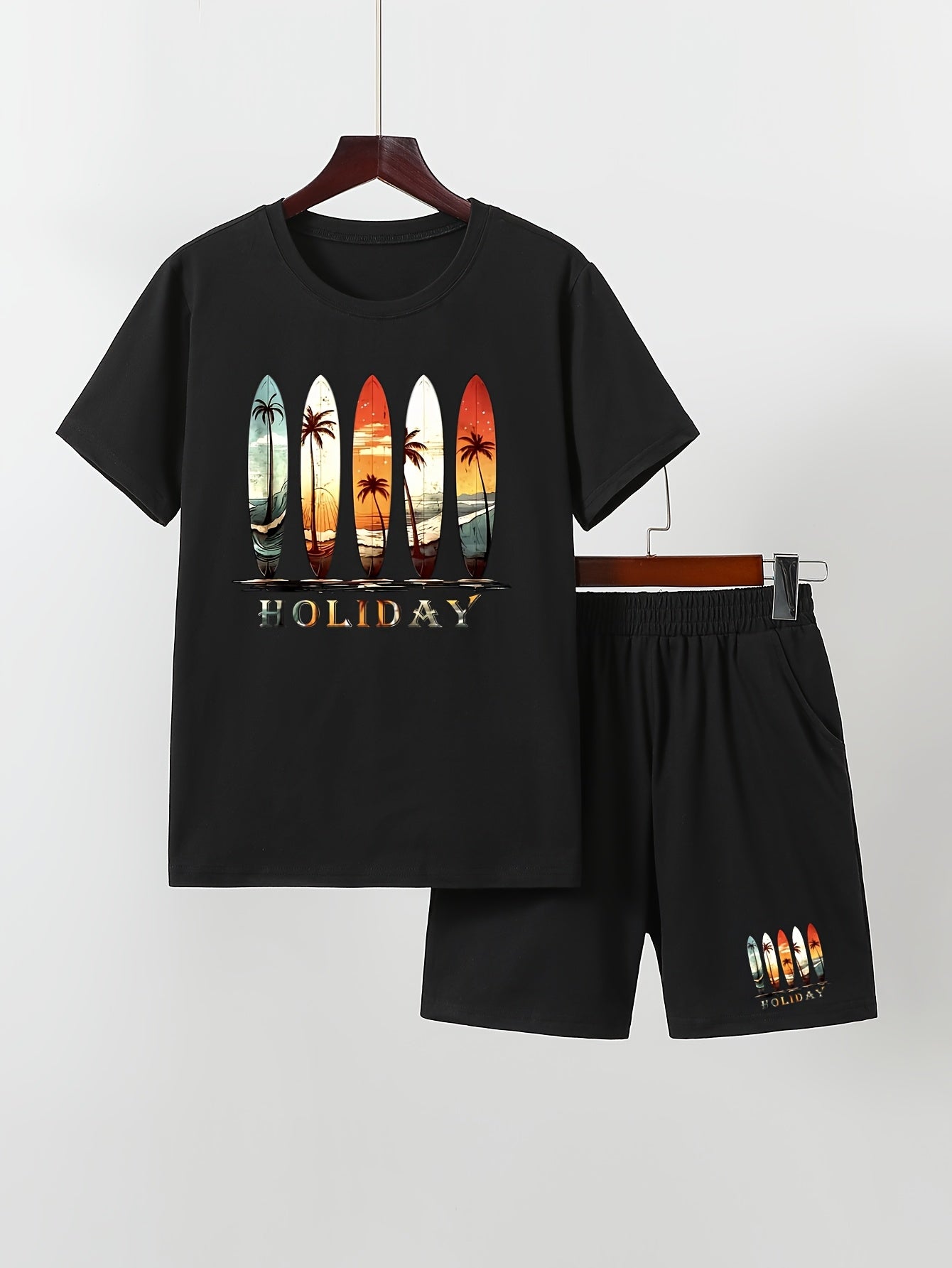 Outdoor Fashion Casual Summer Suit for Medium and Large Boys, Boy's Short Sleeve Set, Boy's Shorts Set, Colorful Print Beach Vacation Style, Perfect for Outdoor