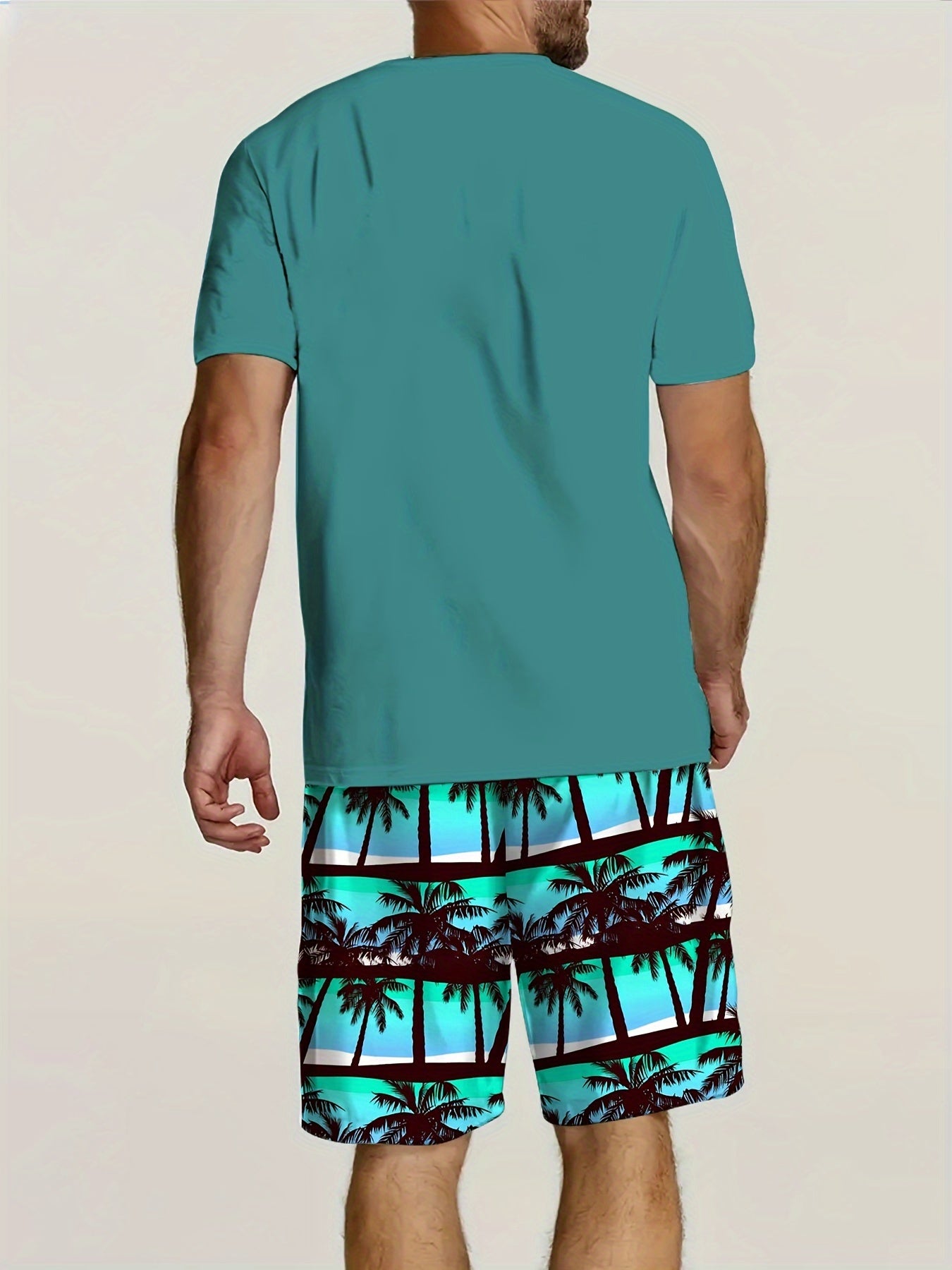 Men'S 2pcs Summer Beach Suit, Hawaiian Coconut Tree Print, Casual Crew Neck T-Shirt & Drawstring Shorts, Polyester Knit Fabric, Regular Fit, All Over Print, Outdoor Leisure Set