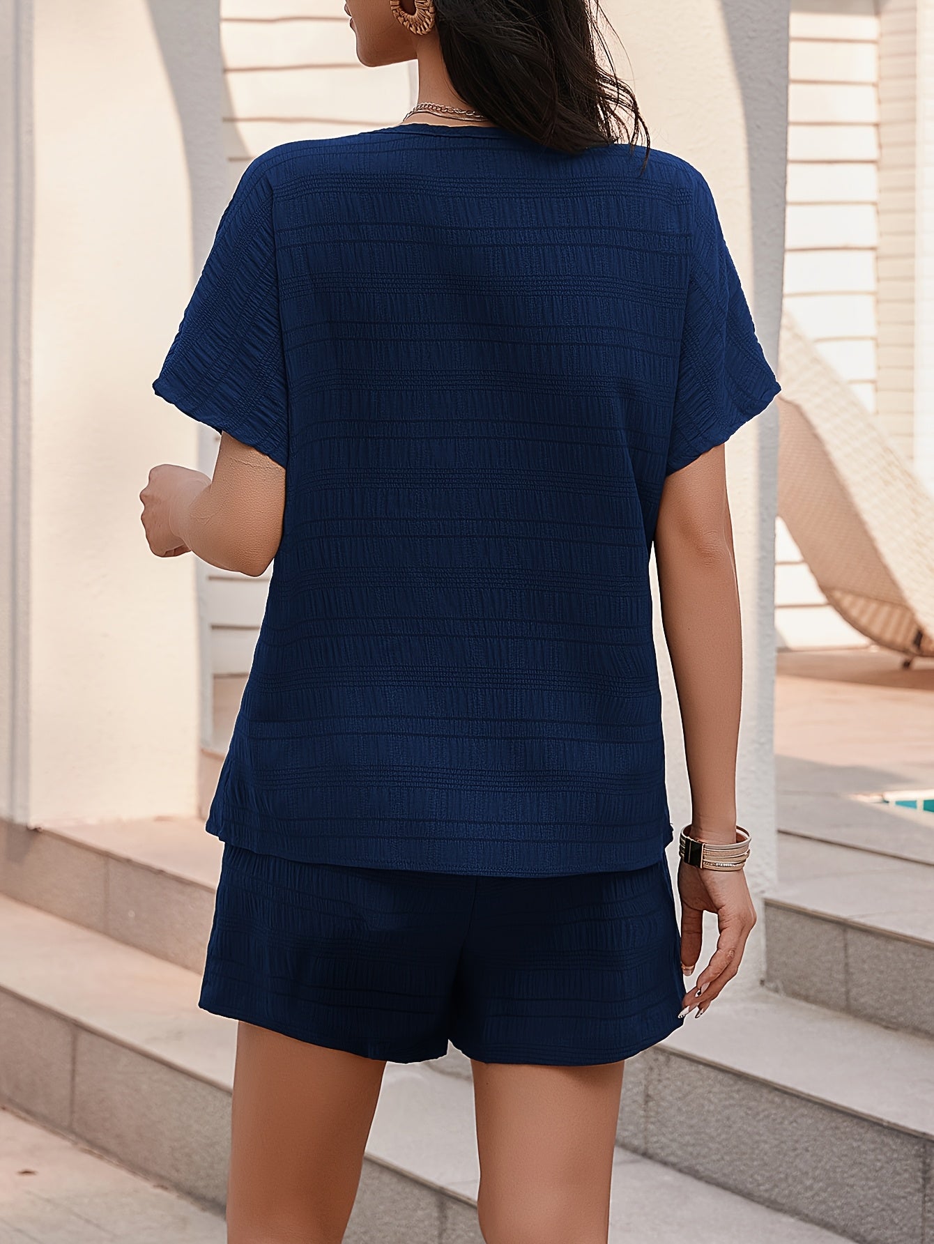 Women's Elegant Two-Piece Set: Teal Textured Short Sleeve Round Neck Top with Pocket & Tie-Waist Shorts - Polyester, Machine Washable