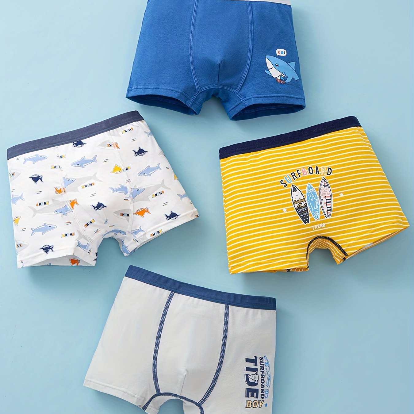 4pcs Soft Cotton Blend Boys' Boxer Briefs - Cute Cartoon Shark & Fish Designs, Comfortable & Breathable, Mixed Colors with Elastic Waistband - Ideal for All Seasons, Boxer Shorts