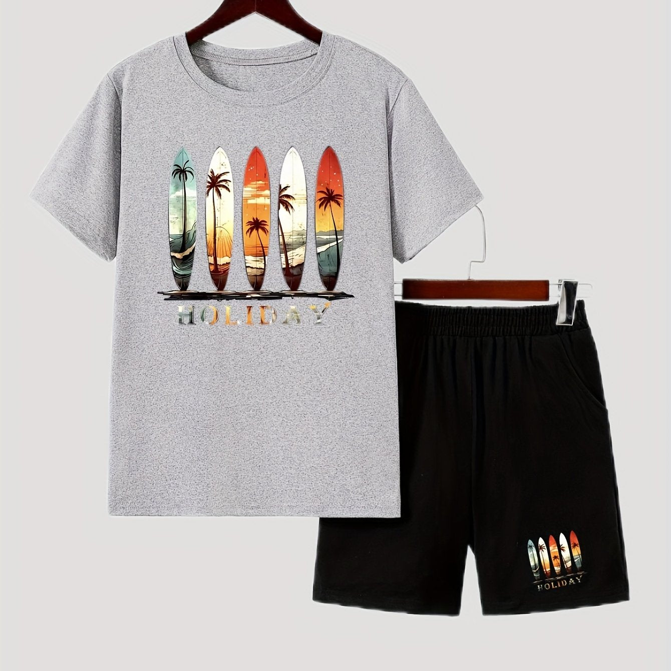 Outdoor Fashion Casual Summer Suit for Medium and Large Boys, Boy's Short Sleeve Set, Boy's Shorts Set, Colorful Print Beach Vacation Style, Perfect for Outdoor