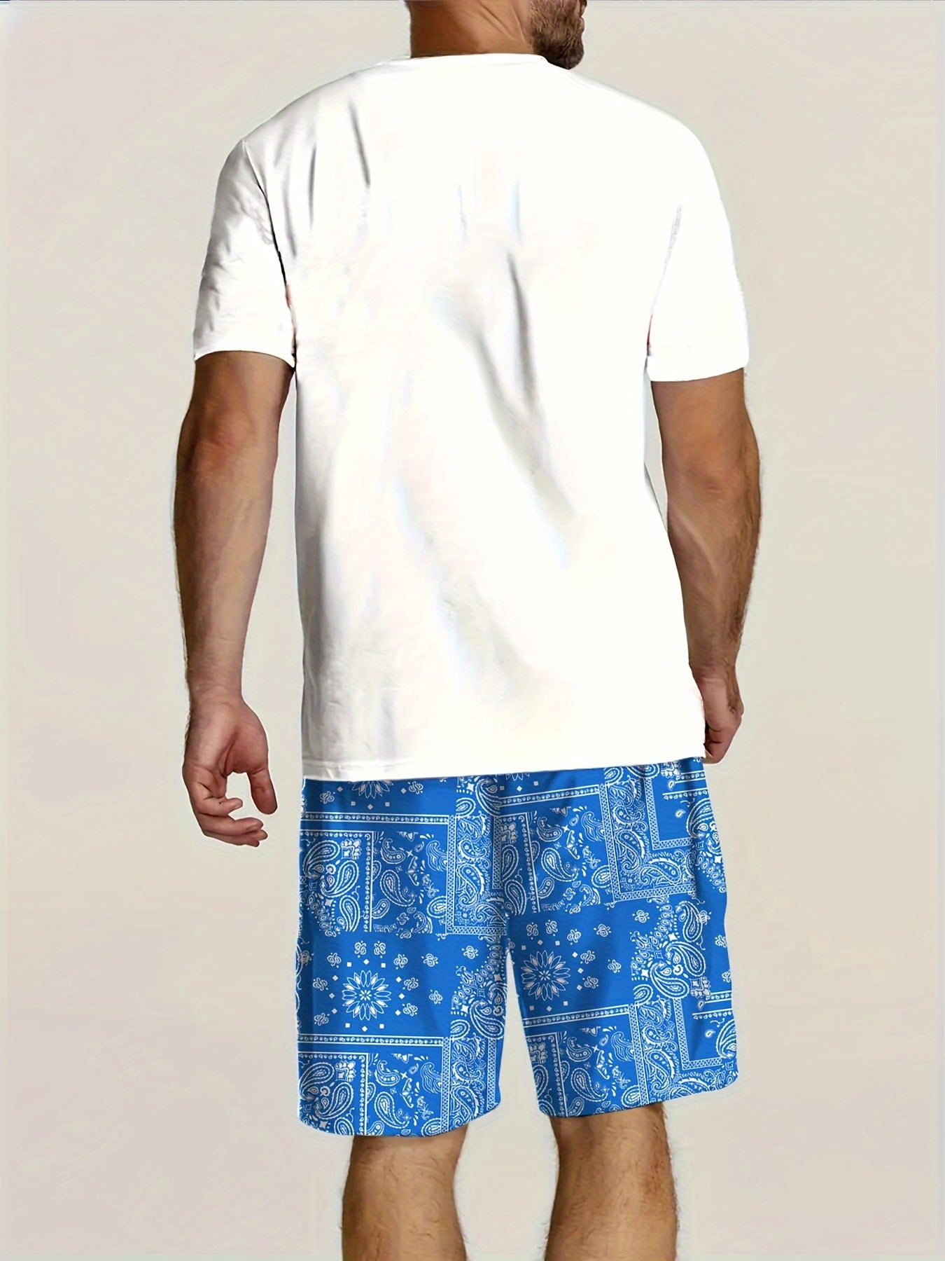 Men'S 2pcs Summer Beach Suit, Hawaiian Coconut Tree Print, Casual Crew Neck T-Shirt & Drawstring Shorts, Polyester Knit Fabric, Regular Fit, All Over Print, Outdoor Leisure Set