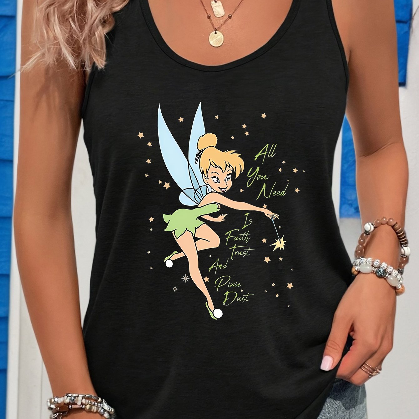 Disney Tinker Bell "Fly Now Believe" Graphic Women's Slim Fit Sleeveless Vest - Black with Green & Golden Glitter Accents, Round Neck Summer Casual Top, Machine Washable, Everyday Comfort Apparel, Fairythemed Clothing, Nontra