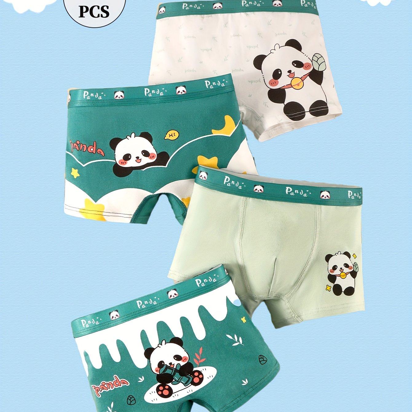 4pcs Boys' Panda Boxer Briefs - Soft, Breathable Cotton Underwear with Elastic Waistband, Cute Cartoon Panda Designs in Teal & Light Green, All-Season Comfort for Youngsters