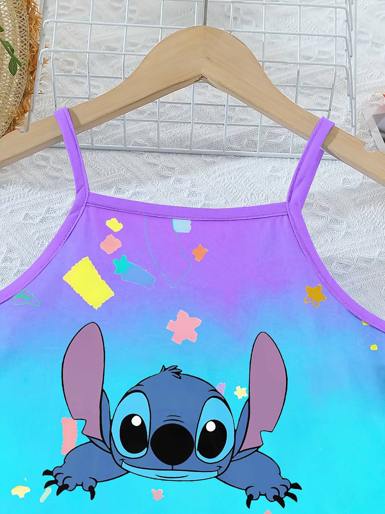 Kids' Stitch & Lilo Rainbow Spaghetti Dress - Lightweight & Breathable with Vibrant 3D Cartoon Print, Soft & Comfortable Sleeveless Design for Spring, Summer, and Fall Outdoor Fun