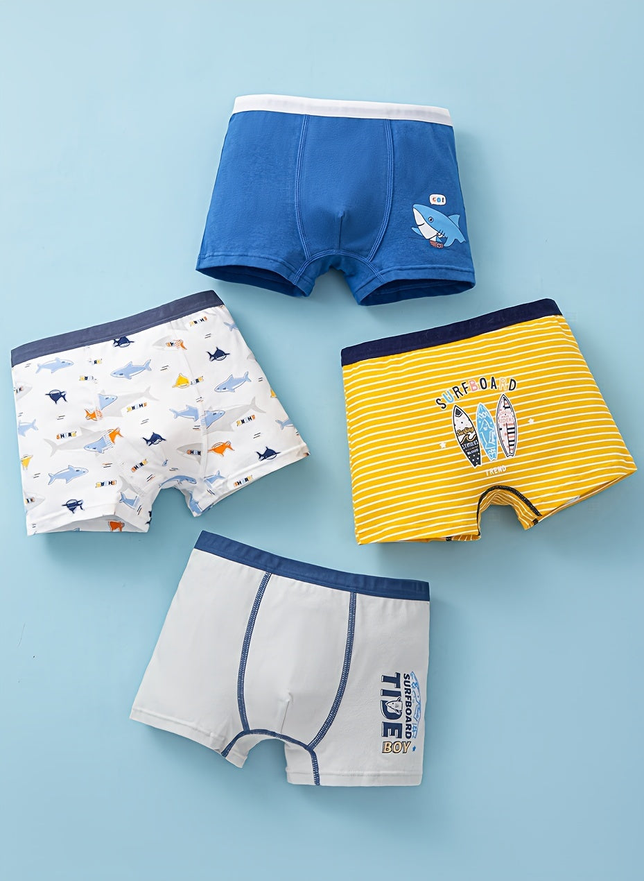 4pcs Soft Cotton Blend Boys' Boxer Briefs - Cute Cartoon Shark & Fish Designs, Comfortable & Breathable, Mixed Colors with Elastic Waistband - Ideal for All Seasons, Boxer Shorts