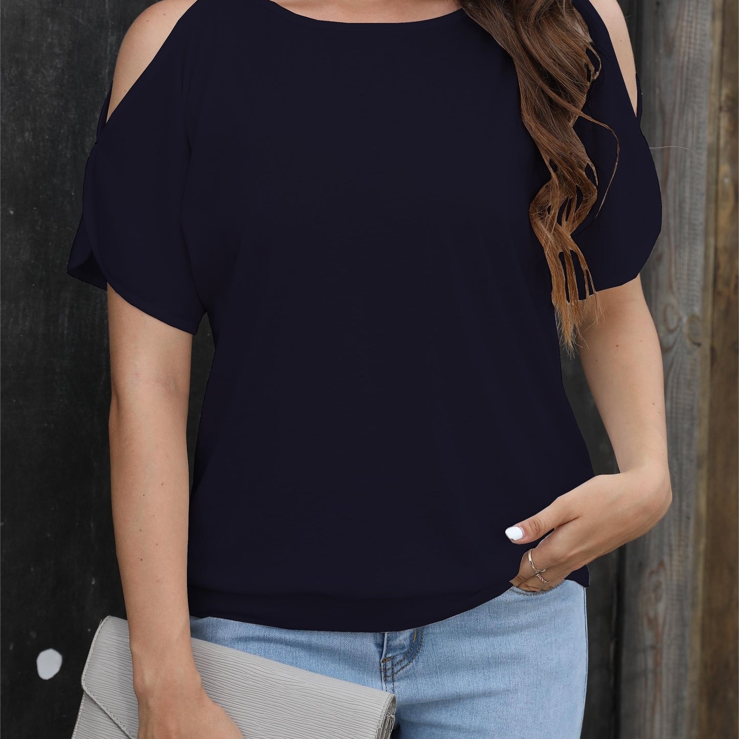 Women's Stylish Off-Shoulder Split Sleeve T-Shirt - Casual Crew Neck, Loose Fit, Solid Color, Polyester Knit Top for Casual Attire, Casual Wear Top | Elegant Style Tee | Soft Fabric Tee, Ladies T Shirts