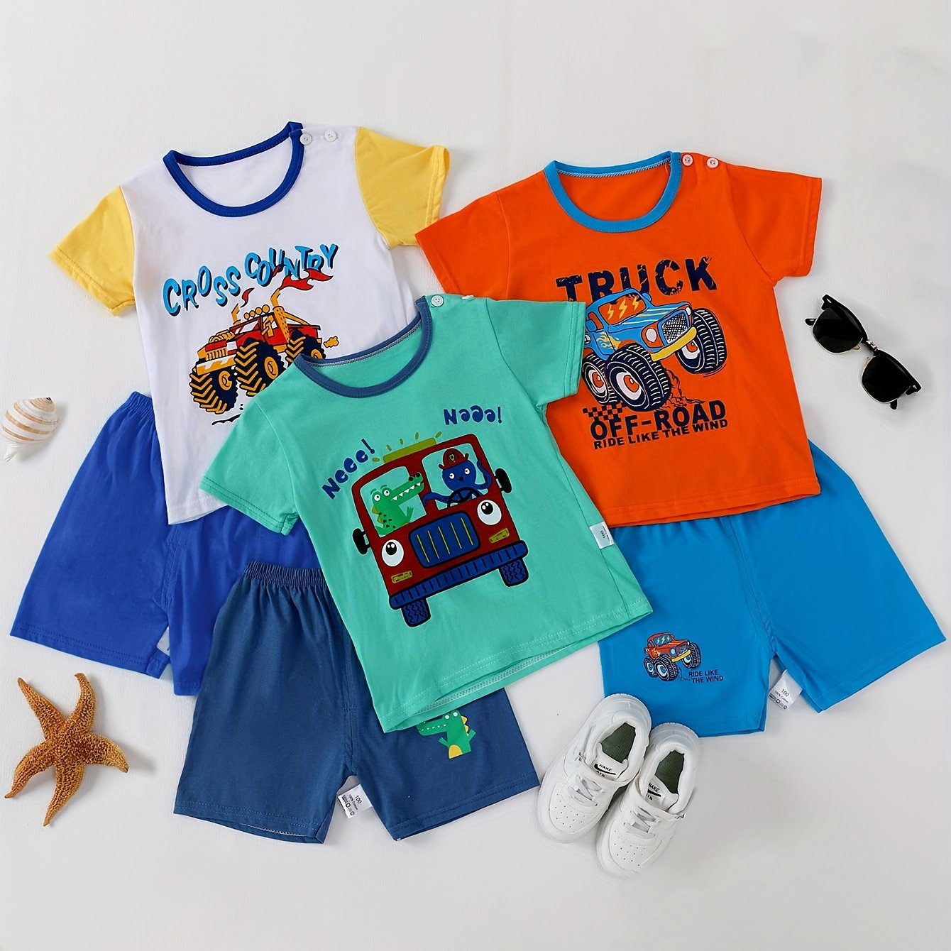 3 Sets Boy's Casual Cartoon Vehicle Print Comfortable Versatile Short Sleeve T-shirt & Shorts Set, Cool, Lightweight And Comfy Summer Daily And Outdoor Clothes!