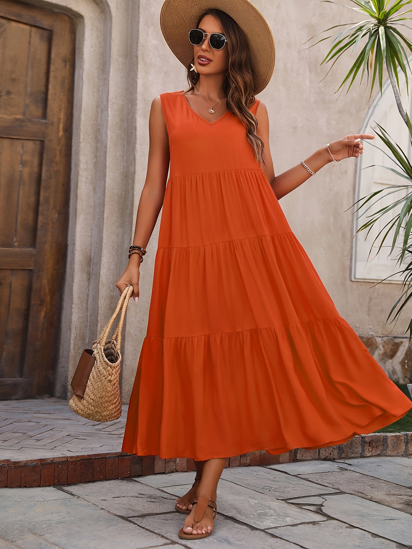 V Neck Tiered Tank Dress, Casual Sleeveless Loose Tank Dress For Spring & Summer, Women's Clothing