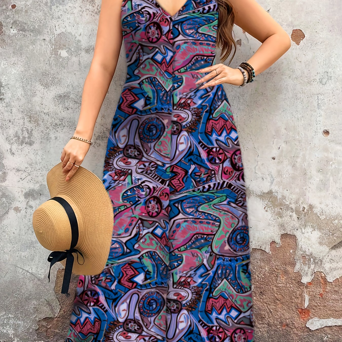 Plus Size Women's Elegant V-Neck Paisley Print Jumpsuit - Bohemian Ethnic Style Machine Washable Midi Jumpsuit for Casual & Formal Occasions, Ladies Jumpsuit, Versatile Fashion, Medium Stretch Fabric
