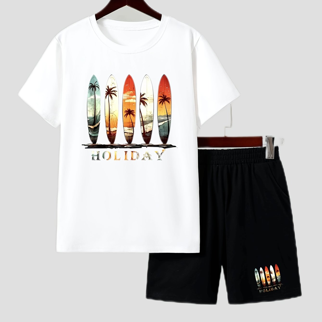 Outdoor Fashion Casual Summer Suit for Medium and Large Boys, Boy's Short Sleeve Set, Boy's Shorts Set, Colorful Print Beach Vacation Style, Perfect for Outdoor