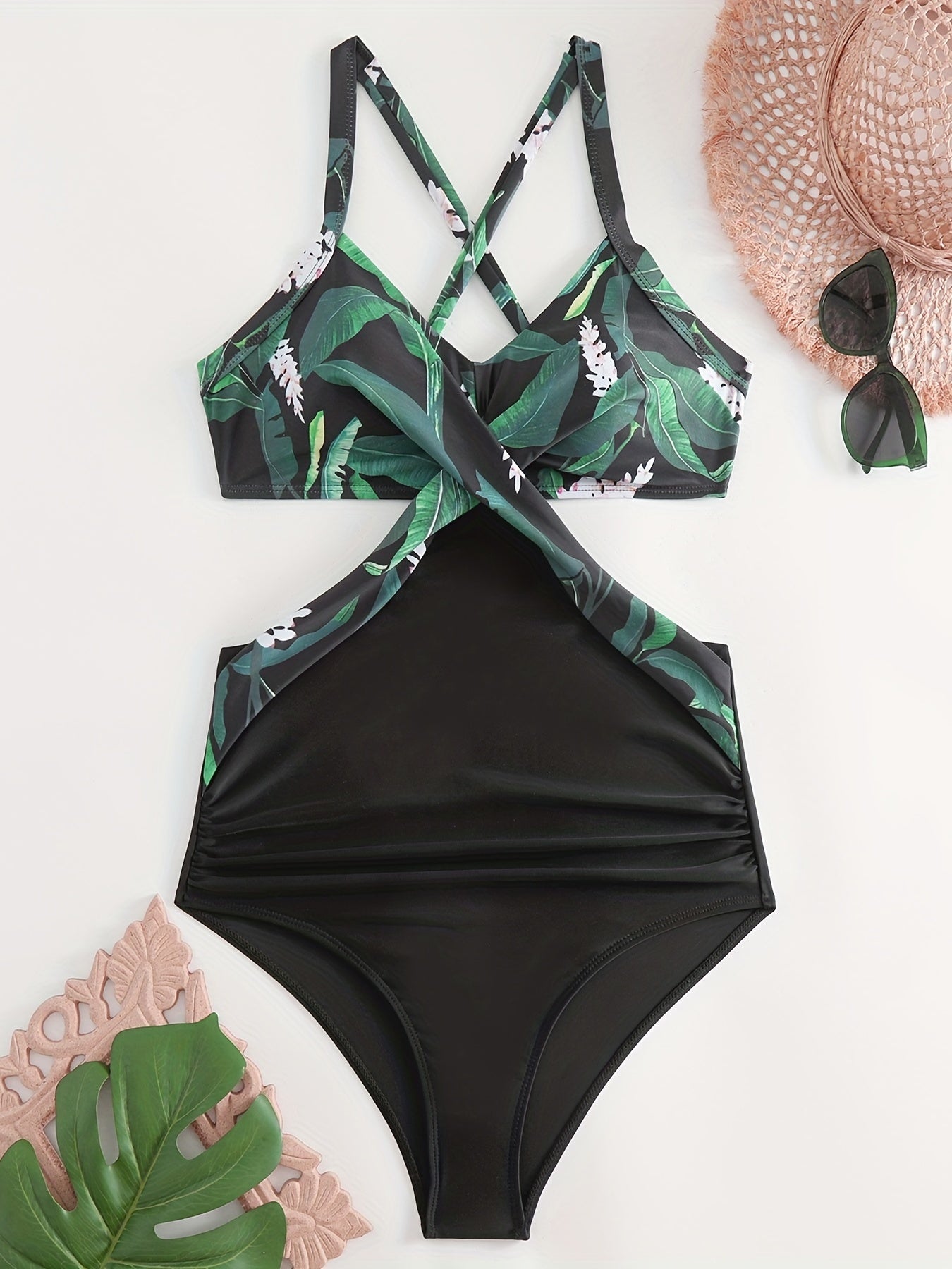 Random Print Criss Cross One Piece Swimsuit, Cut Out Tie Back Color Block High Cut Bathing Suit, Women's Swimwear & Clothing