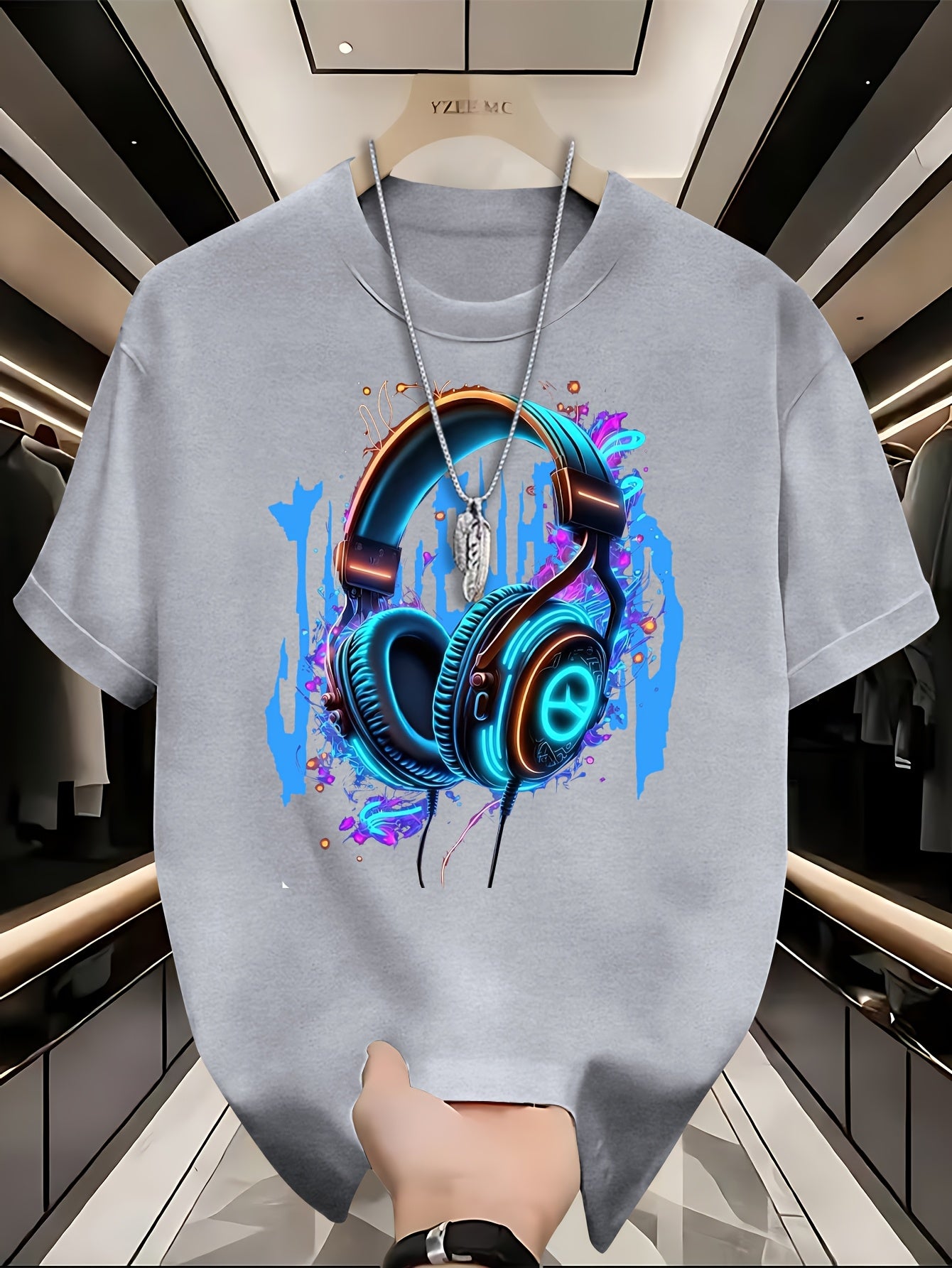 Youth Summer T-Shirt, 95% Polyester 5% Elastane, Casual Crew Neck Top with Geometric Headphones Print, Slight Stretch Knit Fabric, 200gsm, Regular Fit for Teen Boys