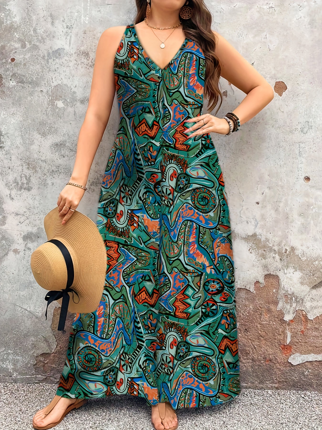 Plus Size Women's Elegant V-Neck Paisley Print Jumpsuit - Bohemian Ethnic Style Machine Washable Midi Jumpsuit for Casual & Formal Occasions, Ladies Jumpsuit, Versatile Fashion, Medium Stretch Fabric