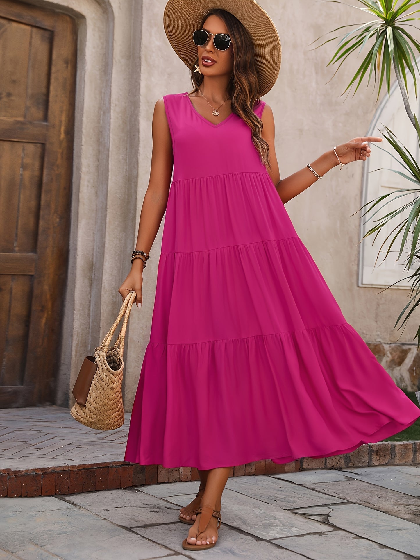 V Neck Tiered Tank Dress, Casual Sleeveless Loose Tank Dress For Spring & Summer, Women's Clothing