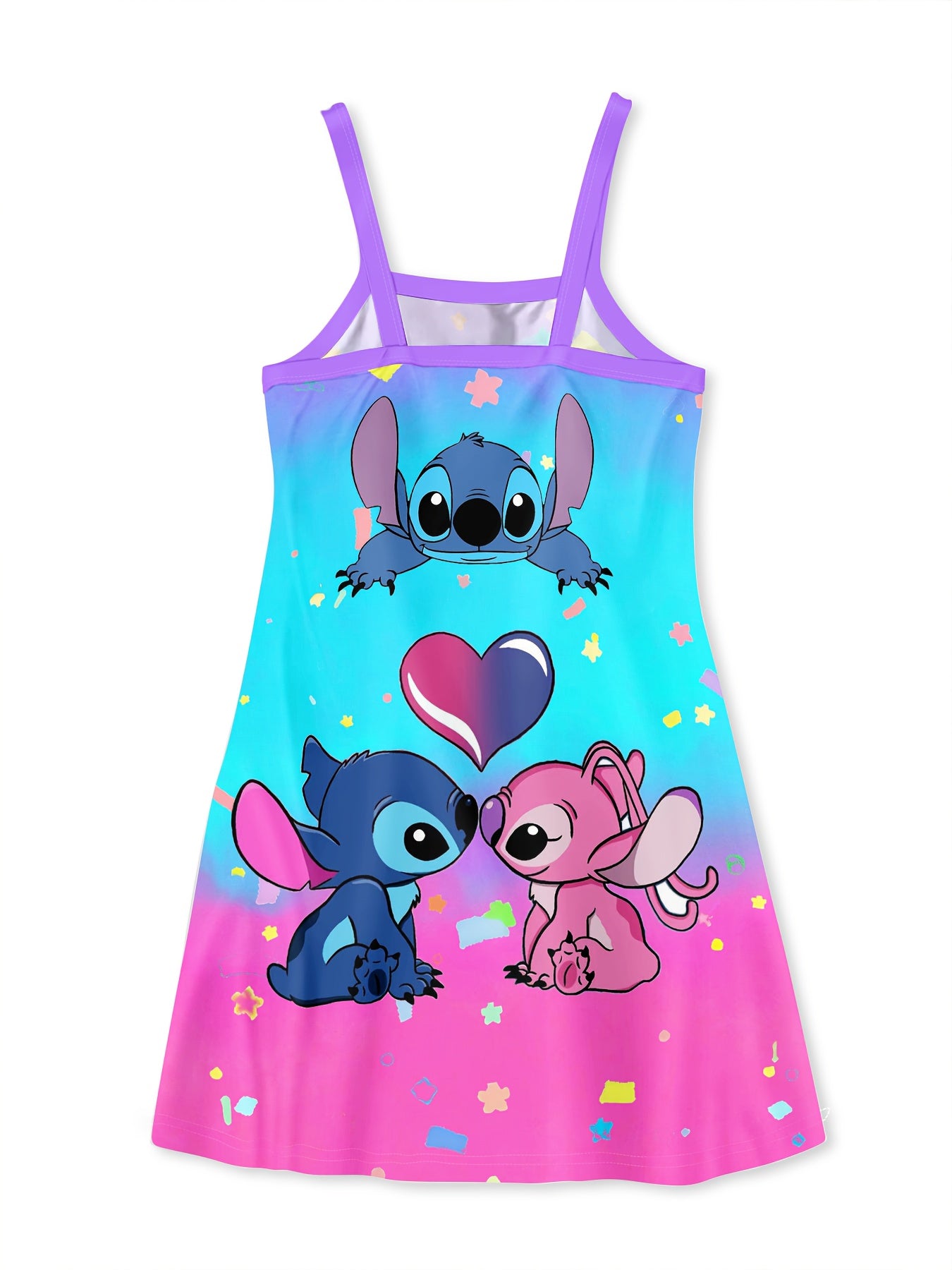 Kids' Stitch & Lilo Rainbow Spaghetti Dress - Lightweight & Breathable with Vibrant 3D Cartoon Print, Soft & Comfortable Sleeveless Design for Spring, Summer, and Fall Outdoor Fun