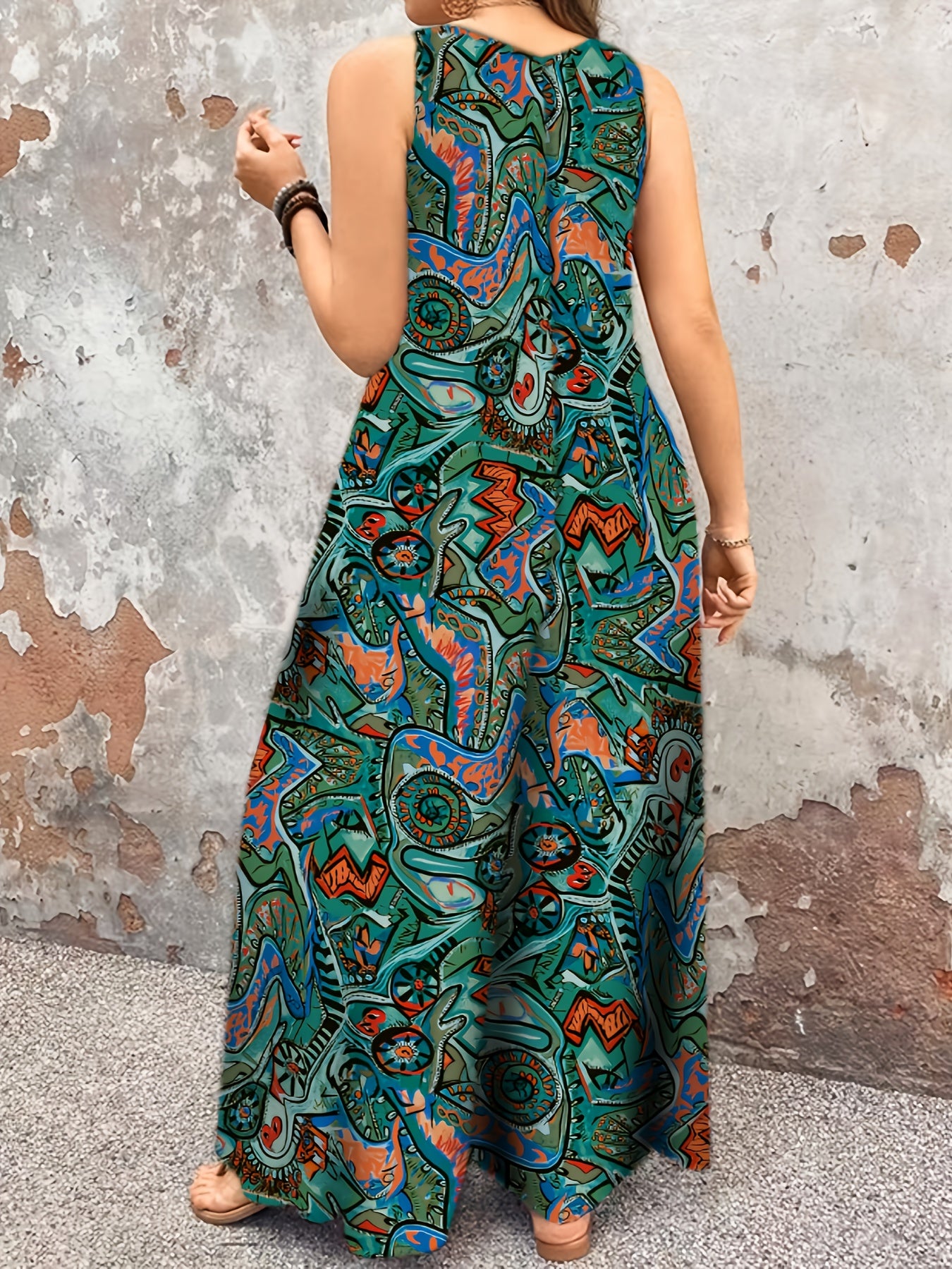 Plus Size Women's Elegant V-Neck Paisley Print Jumpsuit - Bohemian Ethnic Style Machine Washable Midi Jumpsuit for Casual & Formal Occasions, Ladies Jumpsuit, Versatile Fashion, Medium Stretch Fabric