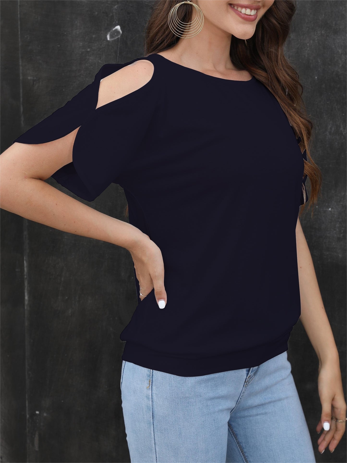 Women's Stylish Off-Shoulder Split Sleeve T-Shirt - Casual Crew Neck, Loose Fit, Solid Color, Polyester Knit Top for Casual Attire, Casual Wear Top | Elegant Style Tee | Soft Fabric Tee, Ladies T Shirts