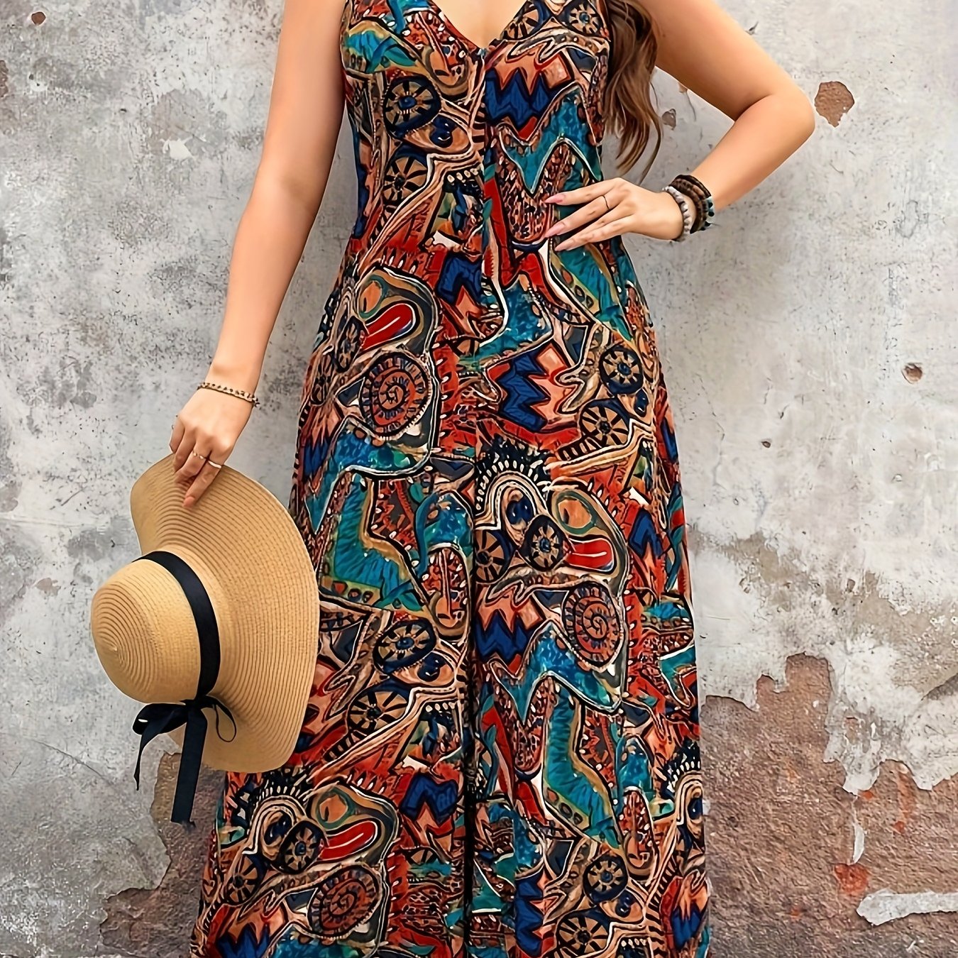 Plus Size Women's Elegant V-Neck Paisley Print Jumpsuit - Bohemian Ethnic Style Machine Washable Midi Jumpsuit for Casual & Formal Occasions, Ladies Jumpsuit, Versatile Fashion, Medium Stretch Fabric