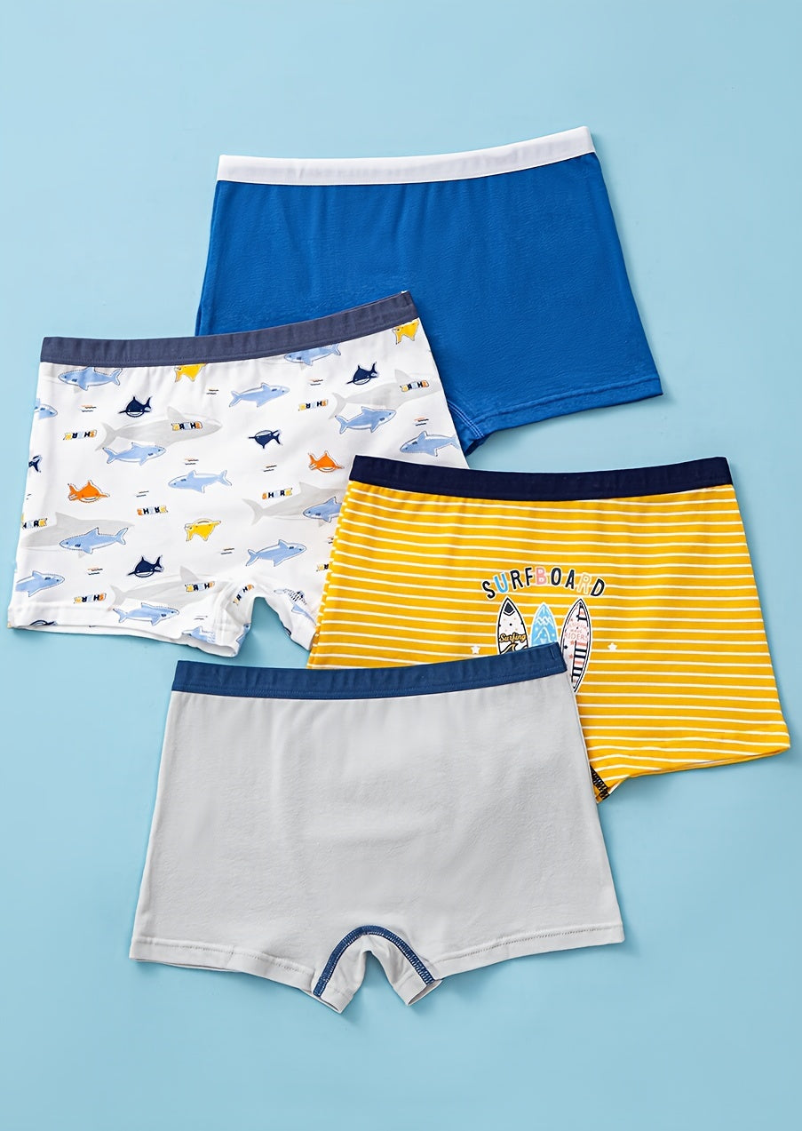 4pcs Soft Cotton Blend Boys' Boxer Briefs - Cute Cartoon Shark & Fish Designs, Comfortable & Breathable, Mixed Colors with Elastic Waistband - Ideal for All Seasons, Boxer Shorts