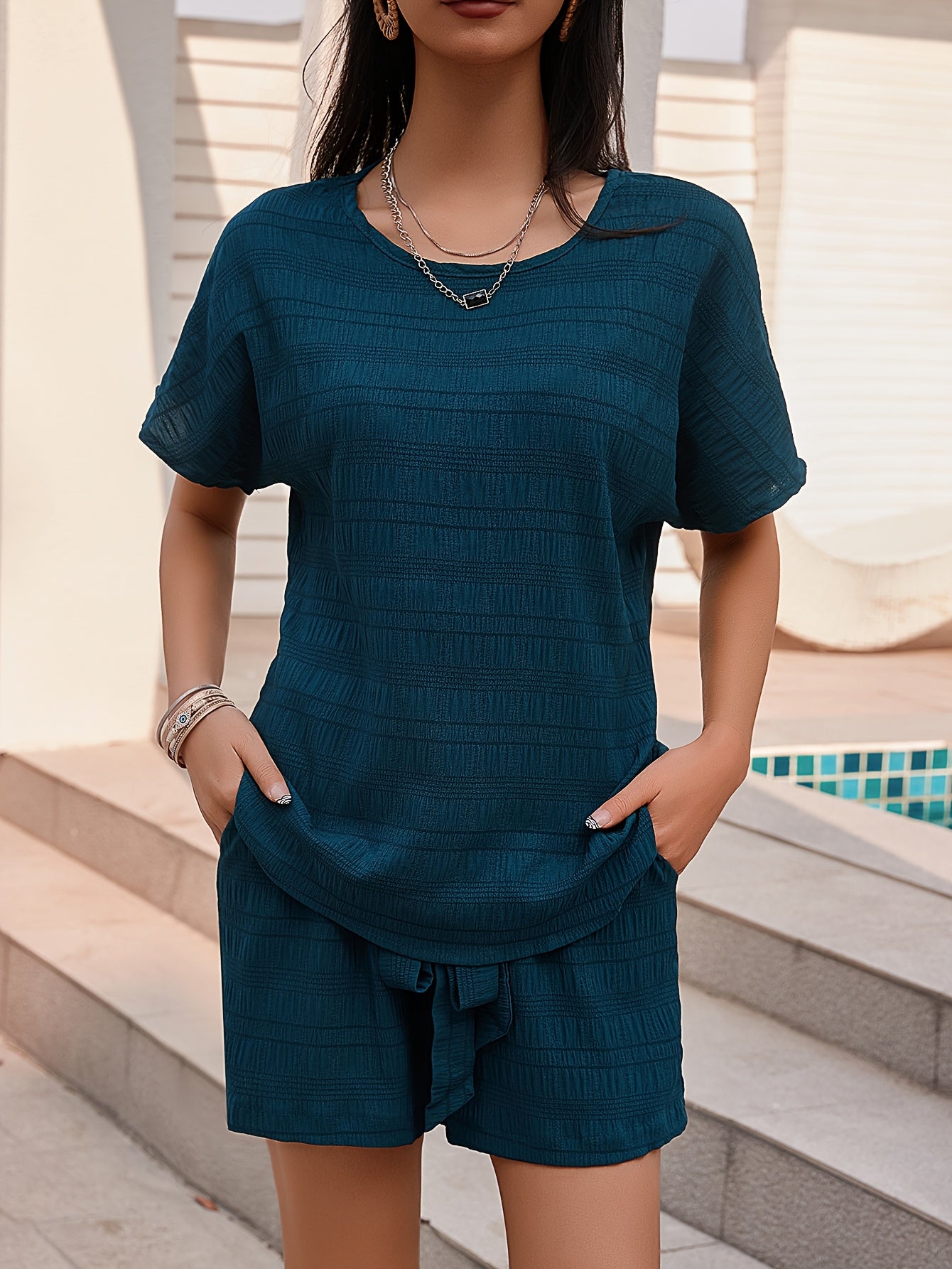 Women's Elegant Two-Piece Set: Teal Textured Short Sleeve Round Neck Top with Pocket & Tie-Waist Shorts - Polyester, Machine Washable