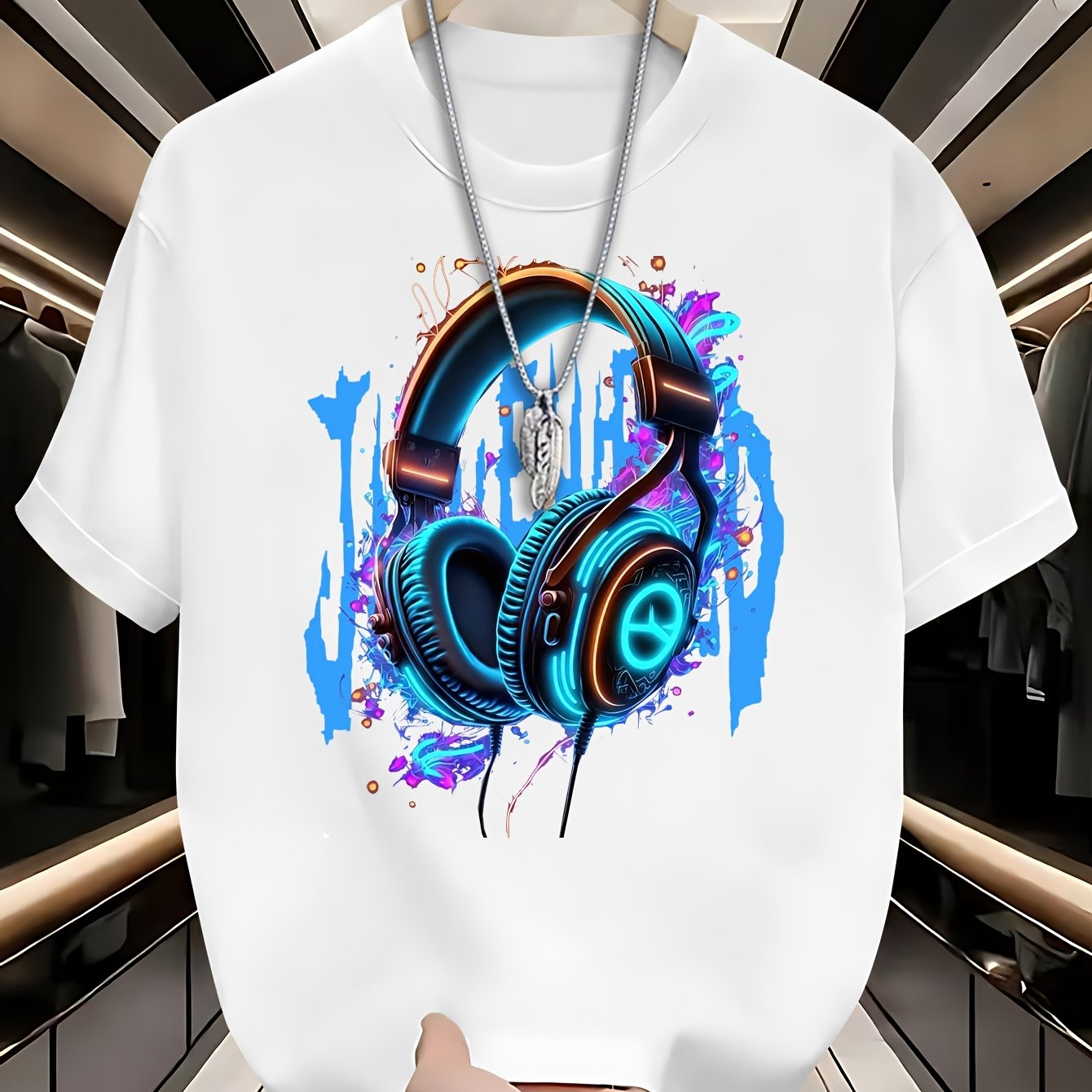 Youth Summer T-Shirt, 95% Polyester 5% Elastane, Casual Crew Neck Top with Geometric Headphones Print, Slight Stretch Knit Fabric, 200gsm, Regular Fit for Teen Boys