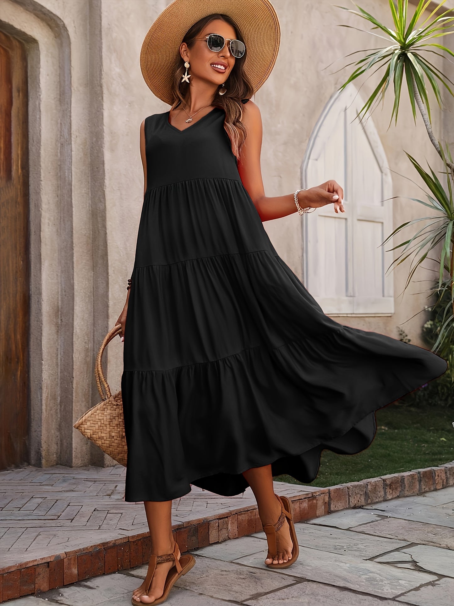 V Neck Tiered Tank Dress, Casual Sleeveless Loose Tank Dress For Spring & Summer, Women's Clothing