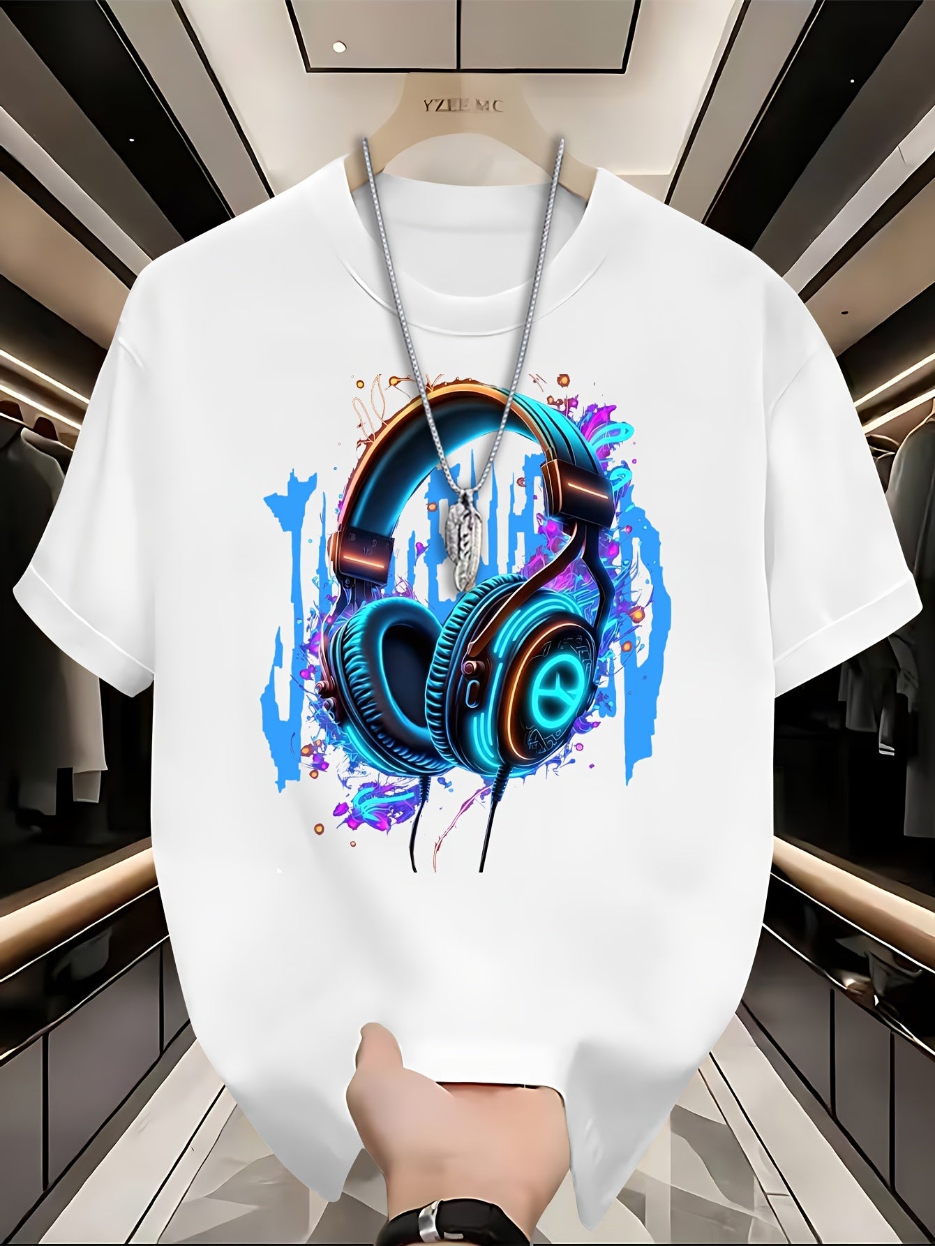Youth Summer T-Shirt, 95% Polyester 5% Elastane, Casual Crew Neck Top with Geometric Headphones Print, Slight Stretch Knit Fabric, 200gsm, Regular Fit for Teen Boys