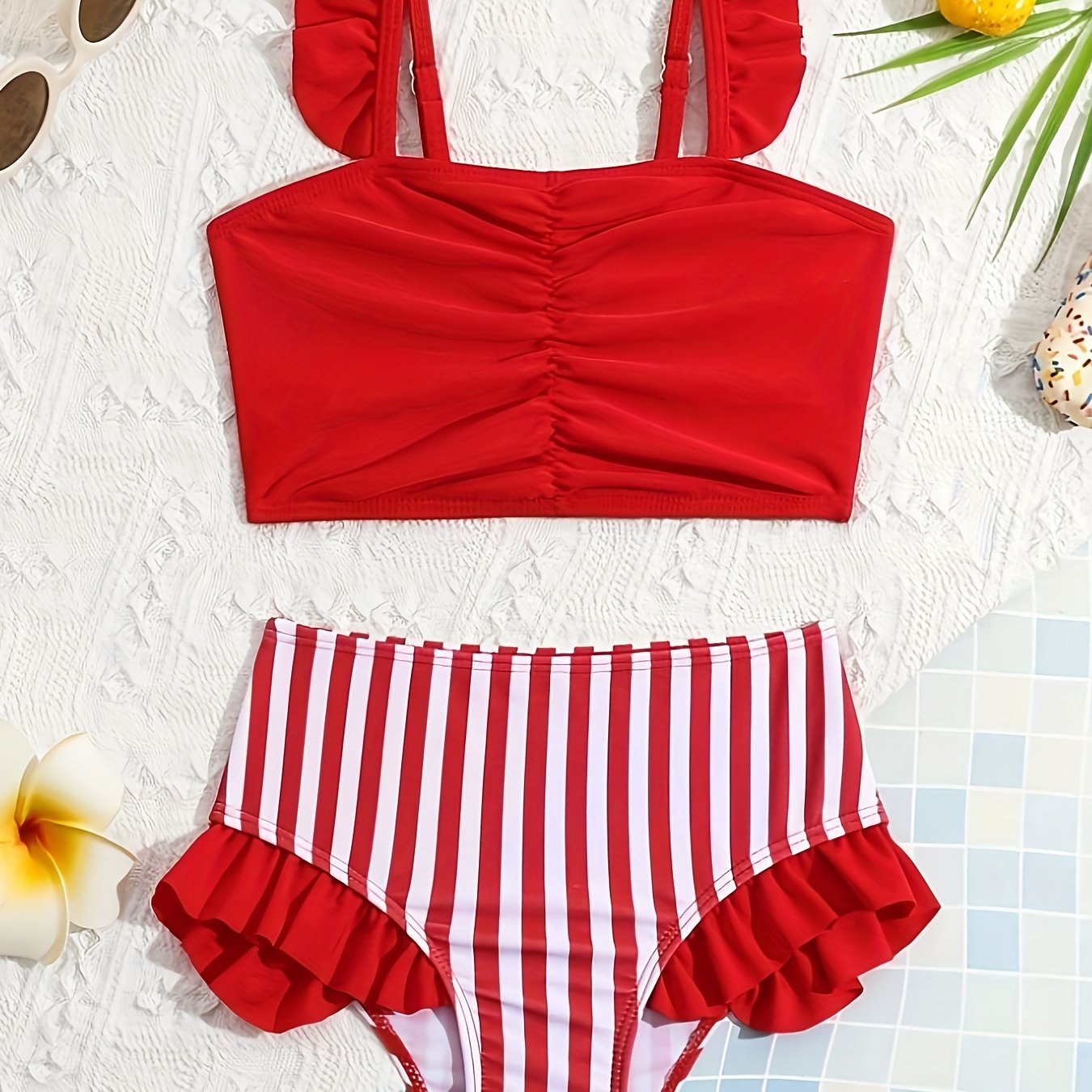 Girls Solid Color Pleated Bikini Set Top Striped Triangle Bottom Bikini Set Summer Beach