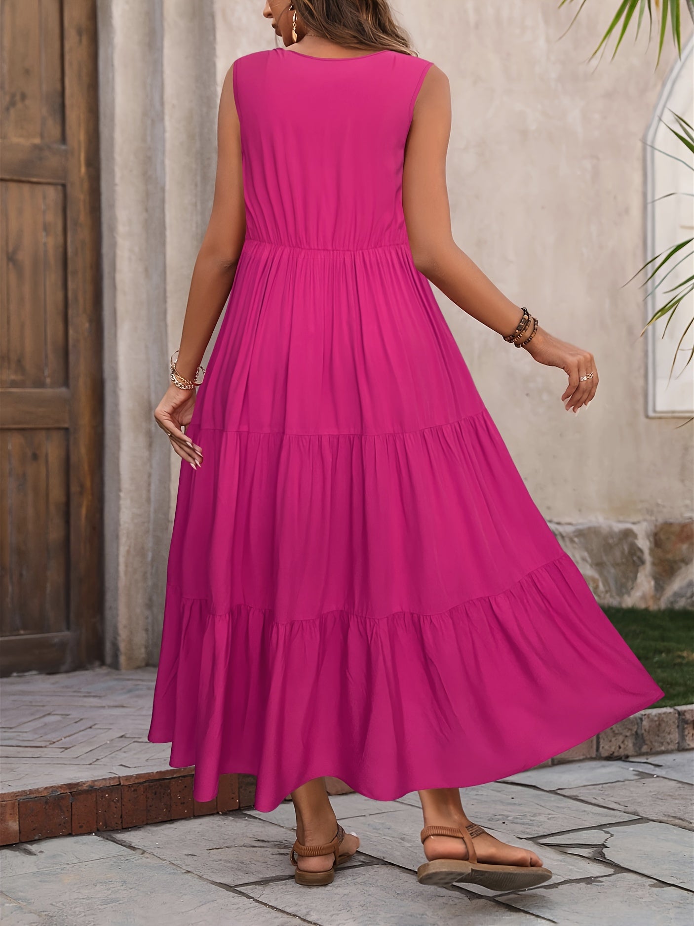 V Neck Tiered Tank Dress, Casual Sleeveless Loose Tank Dress For Spring & Summer, Women's Clothing