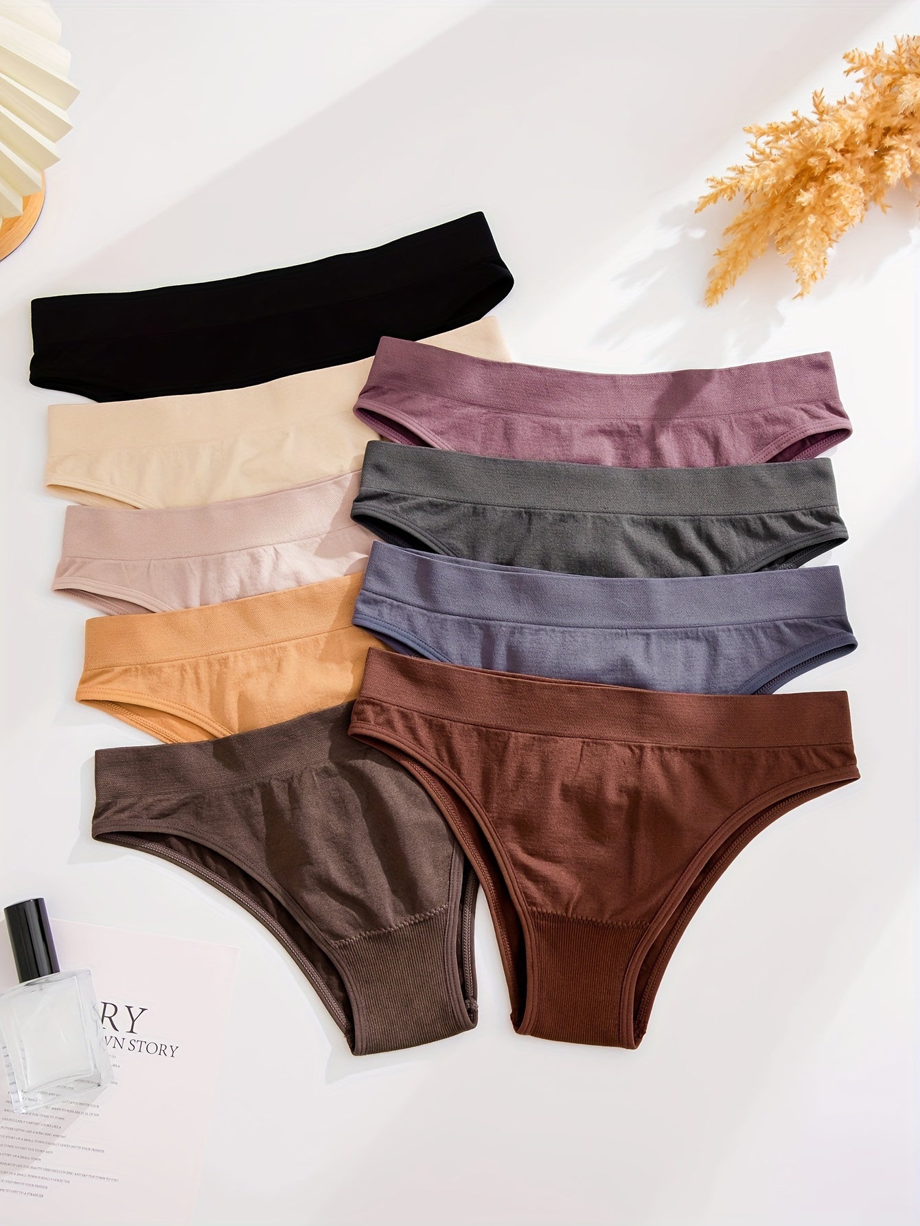 9pcs Solid Low Waist Briefs, Comfy Breathable Stretchy Intimates Panties, Women's Lingerie & Underwear