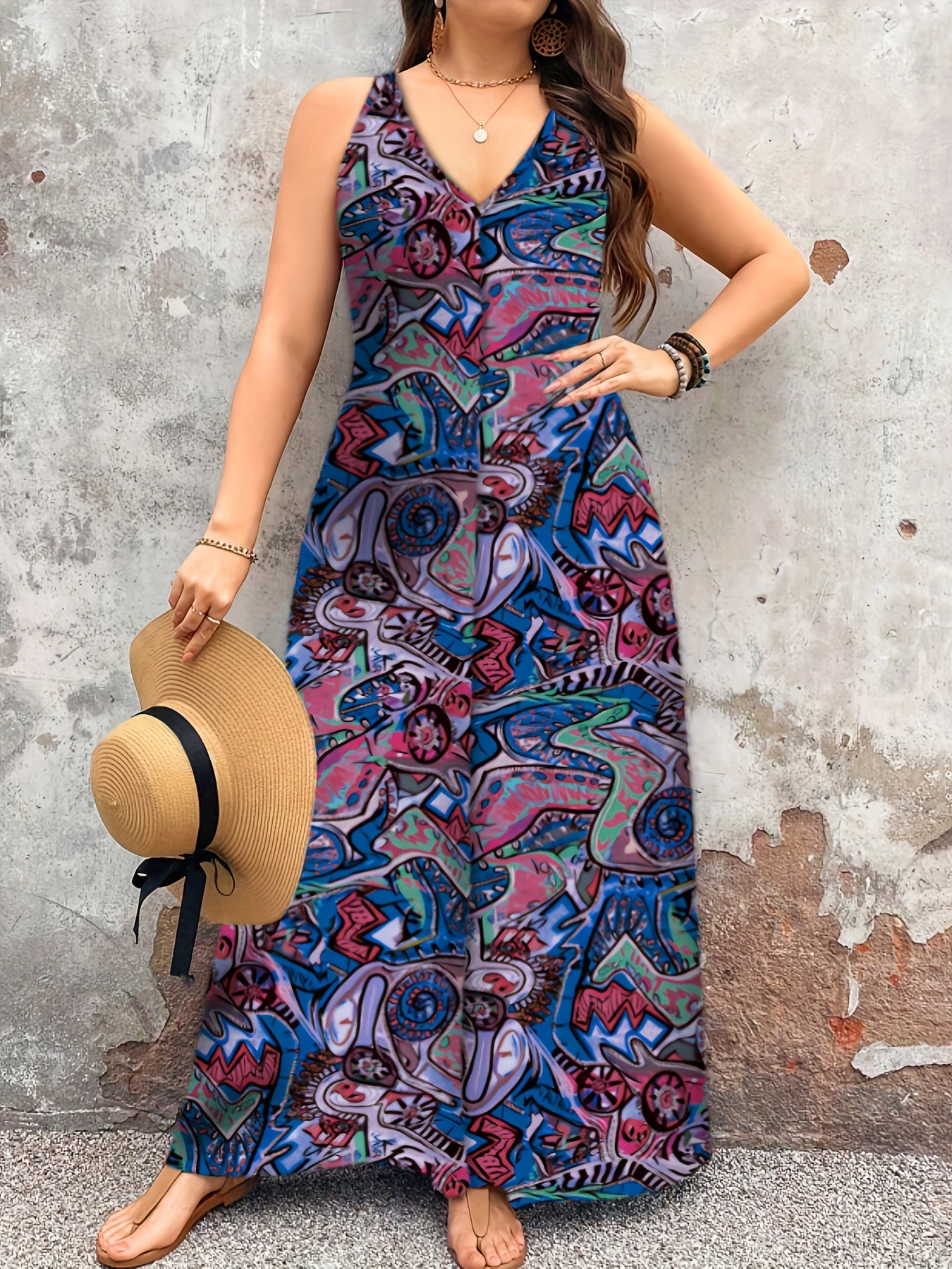 Plus Size Women's Elegant V-Neck Paisley Print Jumpsuit - Bohemian Ethnic Style Machine Washable Midi Jumpsuit for Casual & Formal Occasions, Ladies Jumpsuit, Versatile Fashion, Medium Stretch Fabric