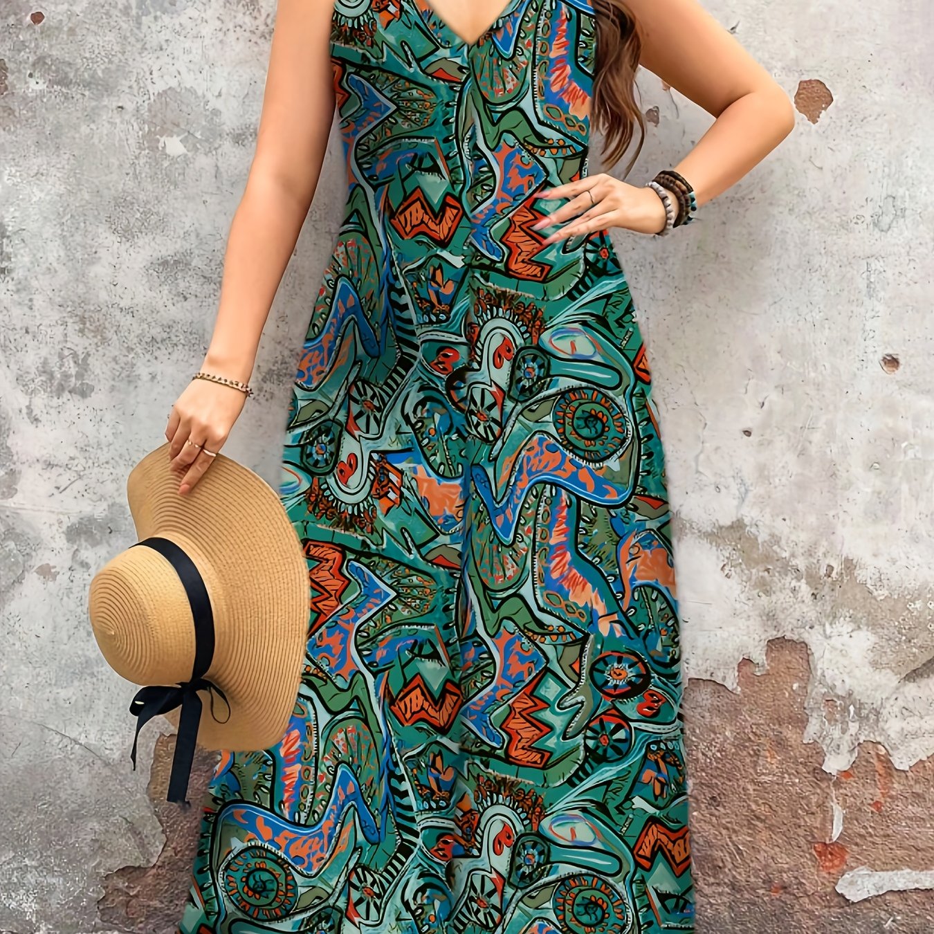 Plus Size Women's Elegant V-Neck Paisley Print Jumpsuit - Bohemian Ethnic Style Machine Washable Midi Jumpsuit for Casual & Formal Occasions, Ladies Jumpsuit, Versatile Fashion, Medium Stretch Fabric