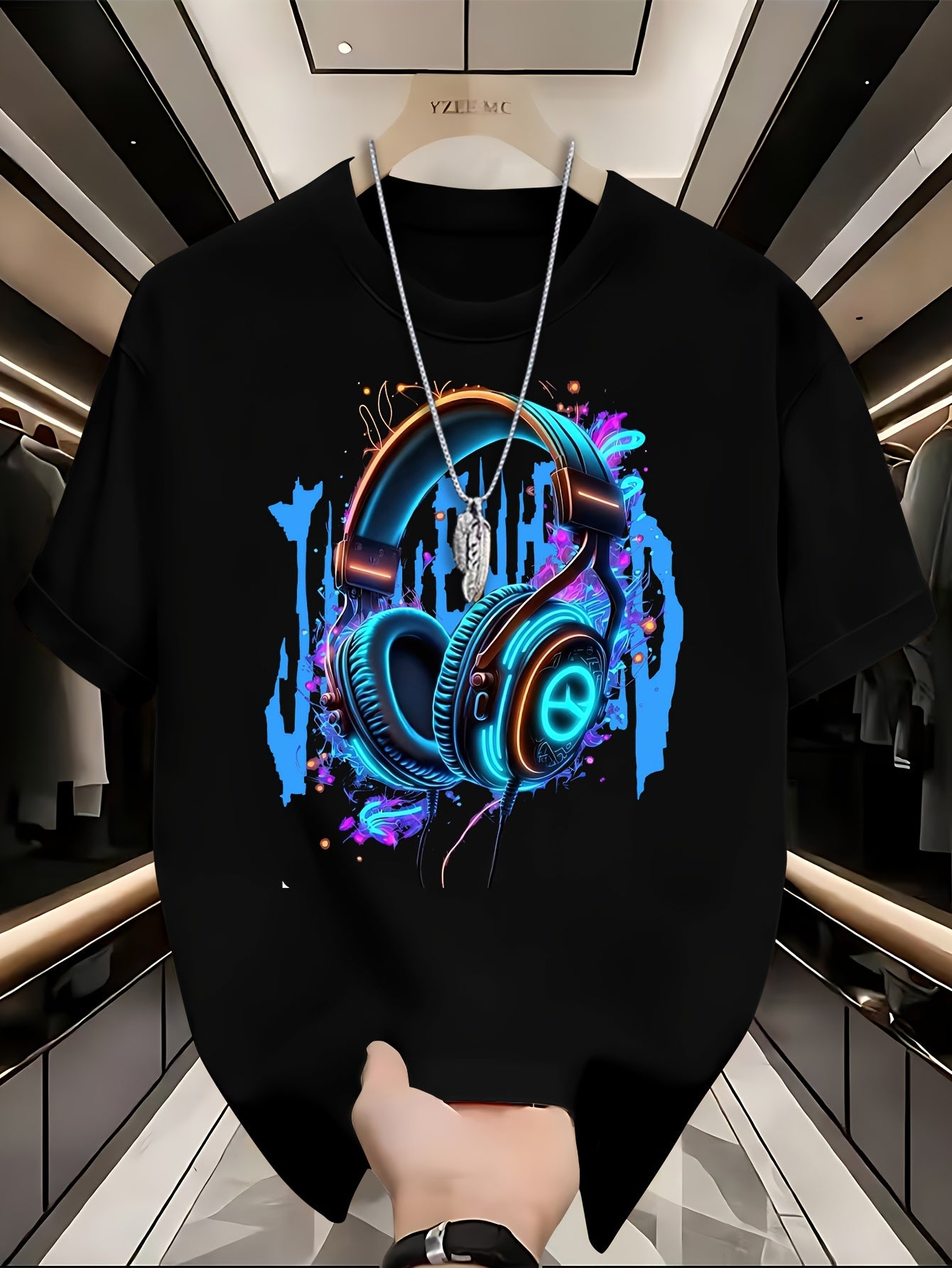 Youth Summer T-Shirt, 95% Polyester 5% Elastane, Casual Crew Neck Top with Geometric Headphones Print, Slight Stretch Knit Fabric, 200gsm, Regular Fit for Teen Boys