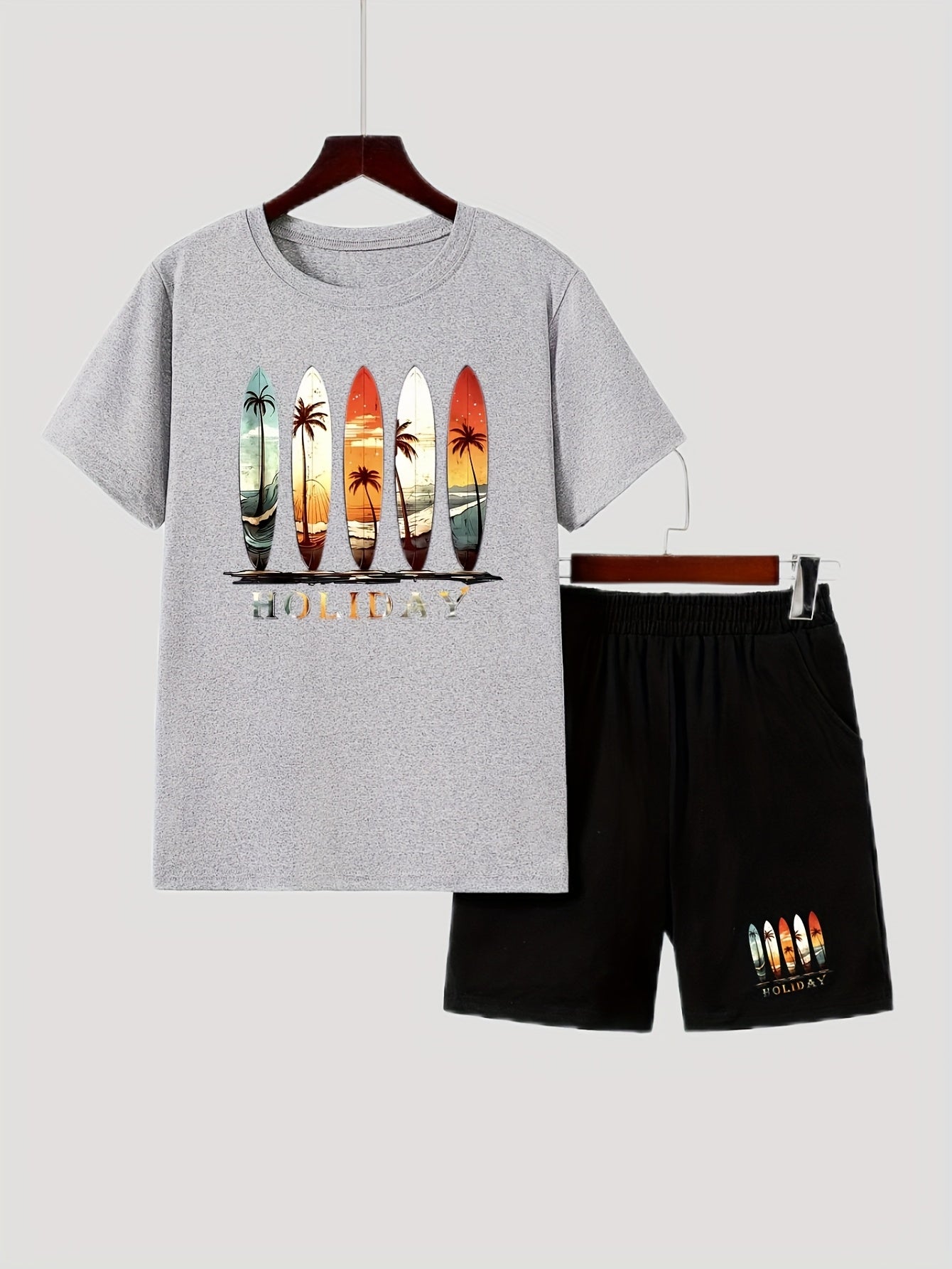 Outdoor Fashion Casual Summer Suit for Medium and Large Boys, Boy's Short Sleeve Set, Boy's Shorts Set, Colorful Print Beach Vacation Style, Perfect for Outdoor