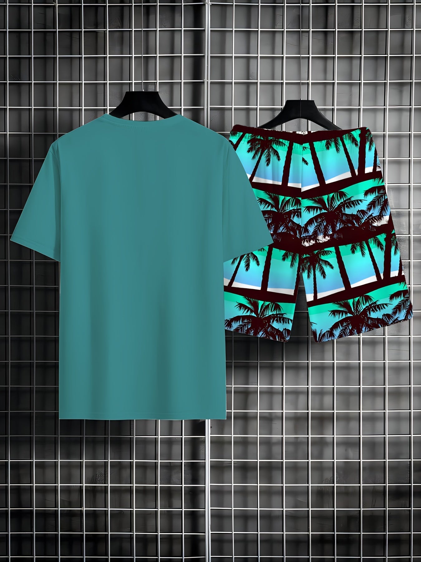Men'S 2pcs Summer Beach Suit, Hawaiian Coconut Tree Print, Casual Crew Neck T-Shirt & Drawstring Shorts, Polyester Knit Fabric, Regular Fit, All Over Print, Outdoor Leisure Set