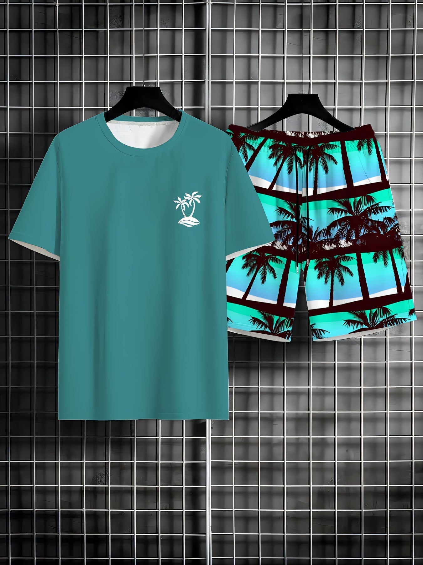 Men'S 2pcs Summer Beach Suit, Hawaiian Coconut Tree Print, Casual Crew Neck T-Shirt & Drawstring Shorts, Polyester Knit Fabric, Regular Fit, All Over Print, Outdoor Leisure Set